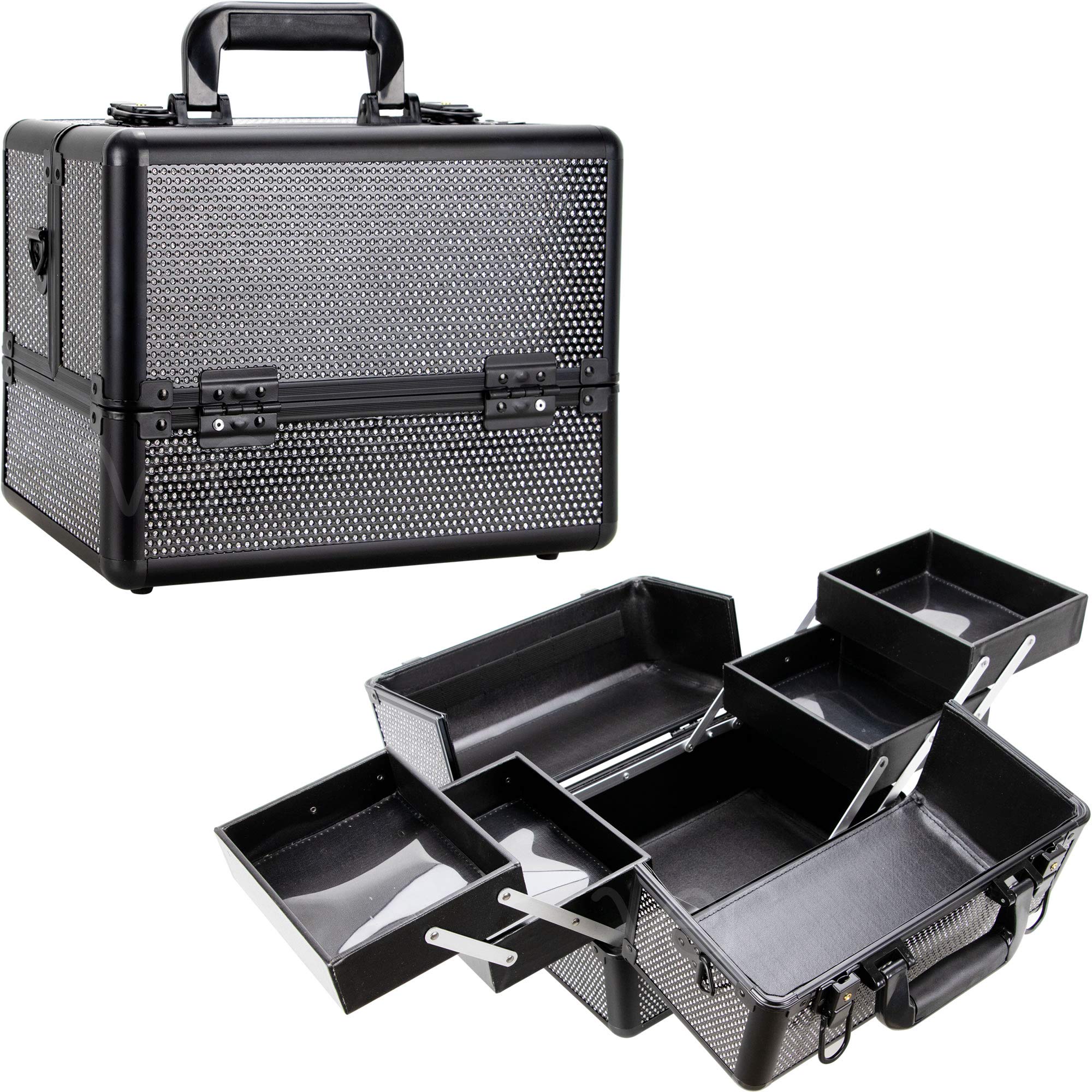 Ver Beauty 2-Tier Extendable Makeup Organizer with Shoulder Strap & Key Lock - Professional Cosmetic Storage Train Case for Makeup Artists (Black Krystal) - Perfect for Salon, Travel & Home Vanity Organization