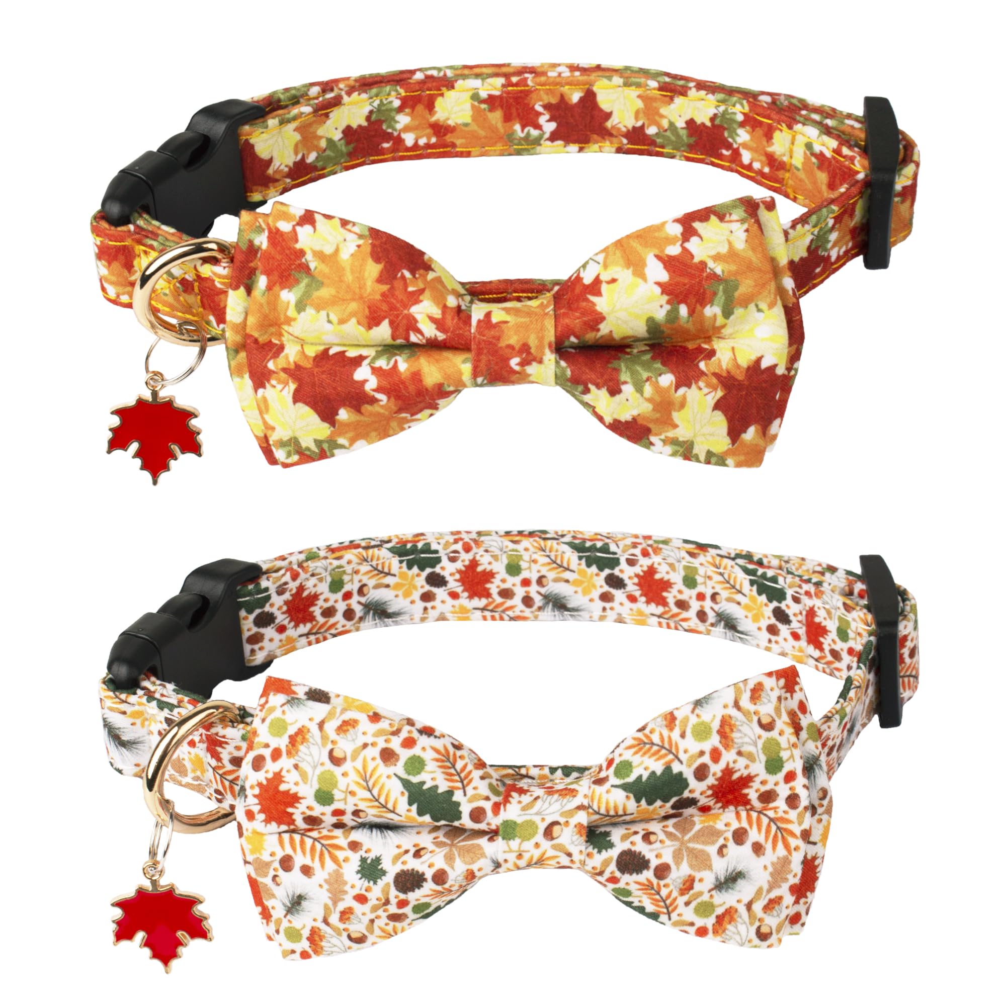 ADOGGYGO Adjustable Fall Dog Collar with Removable Bowtie - Autumn Leaves Pattern Thanksgiving Pet Collar for Small Medium Large Dogs - Perfect for Thanksgiving Photos & Seasonal Outings