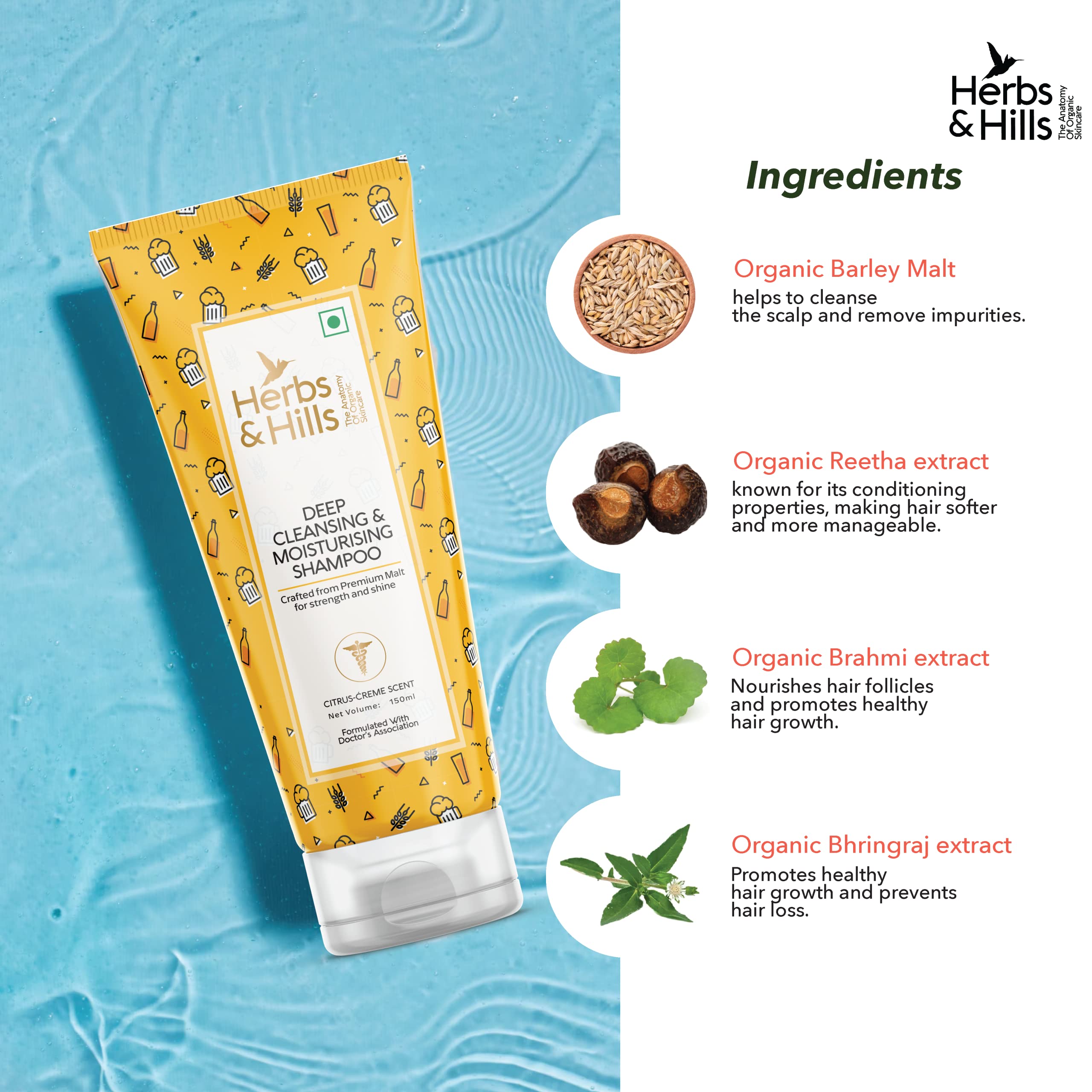 Herbs & Hills Deep Cleansing & Moisturizing Shampoo for Hair Growth & Damage Repair - 150ml Natural Premium Shampoo for Smooth & Shiny Hair | Daily Use, Salon Results at Home, Perfect for Dry & Damaged Hair Care