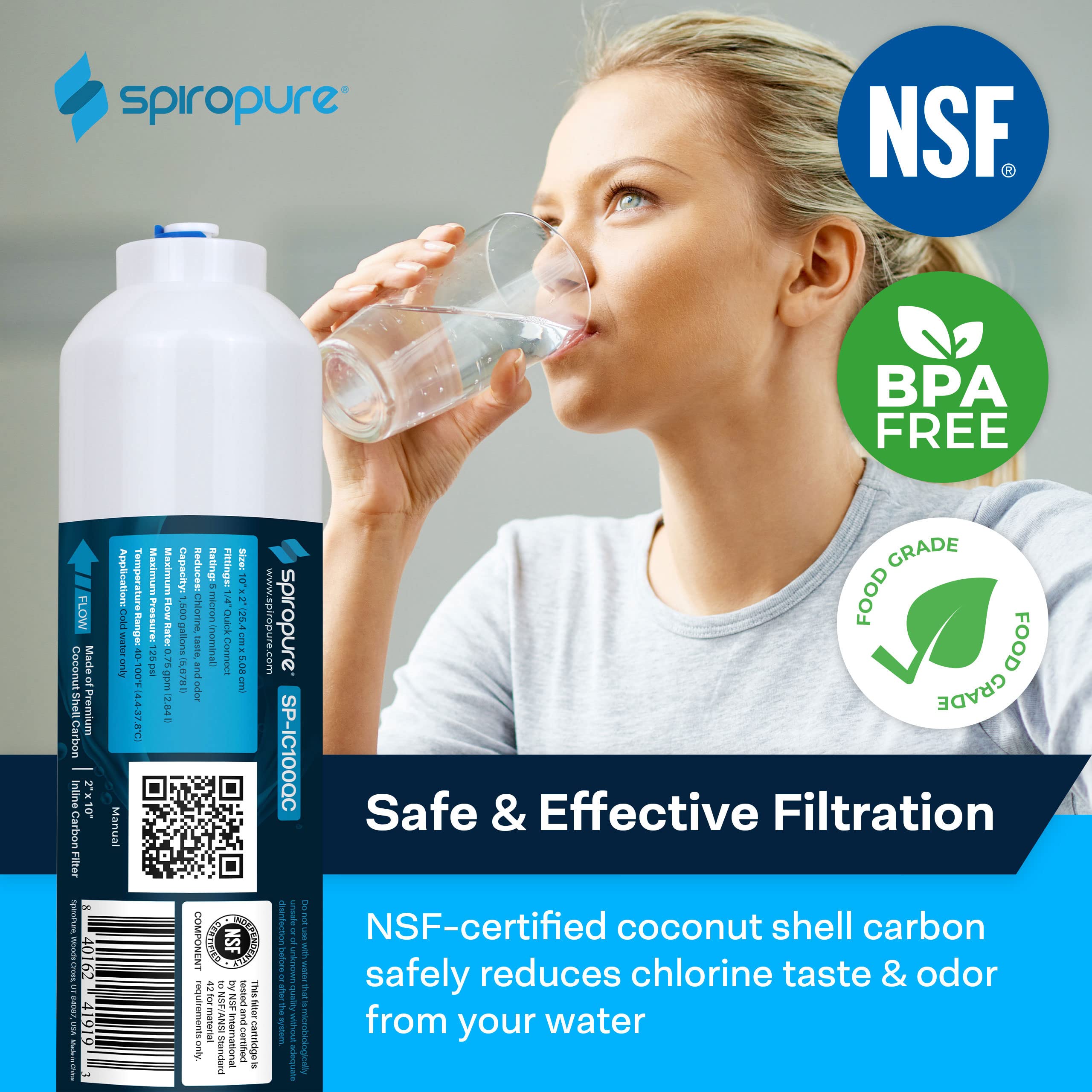 SpiroPure NSF Certified Coconut Shell Granular Carbon Inline Water Filter - 1/4