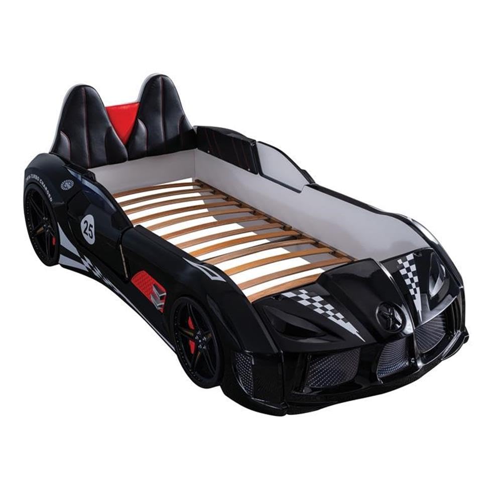 Furniture of America Sonet Plastic Twin Race Black Car Bed with LED Lights - Fun Kids Bedroom Decor for Boys & Girls, Perfect for Themed Rooms & Play Areas