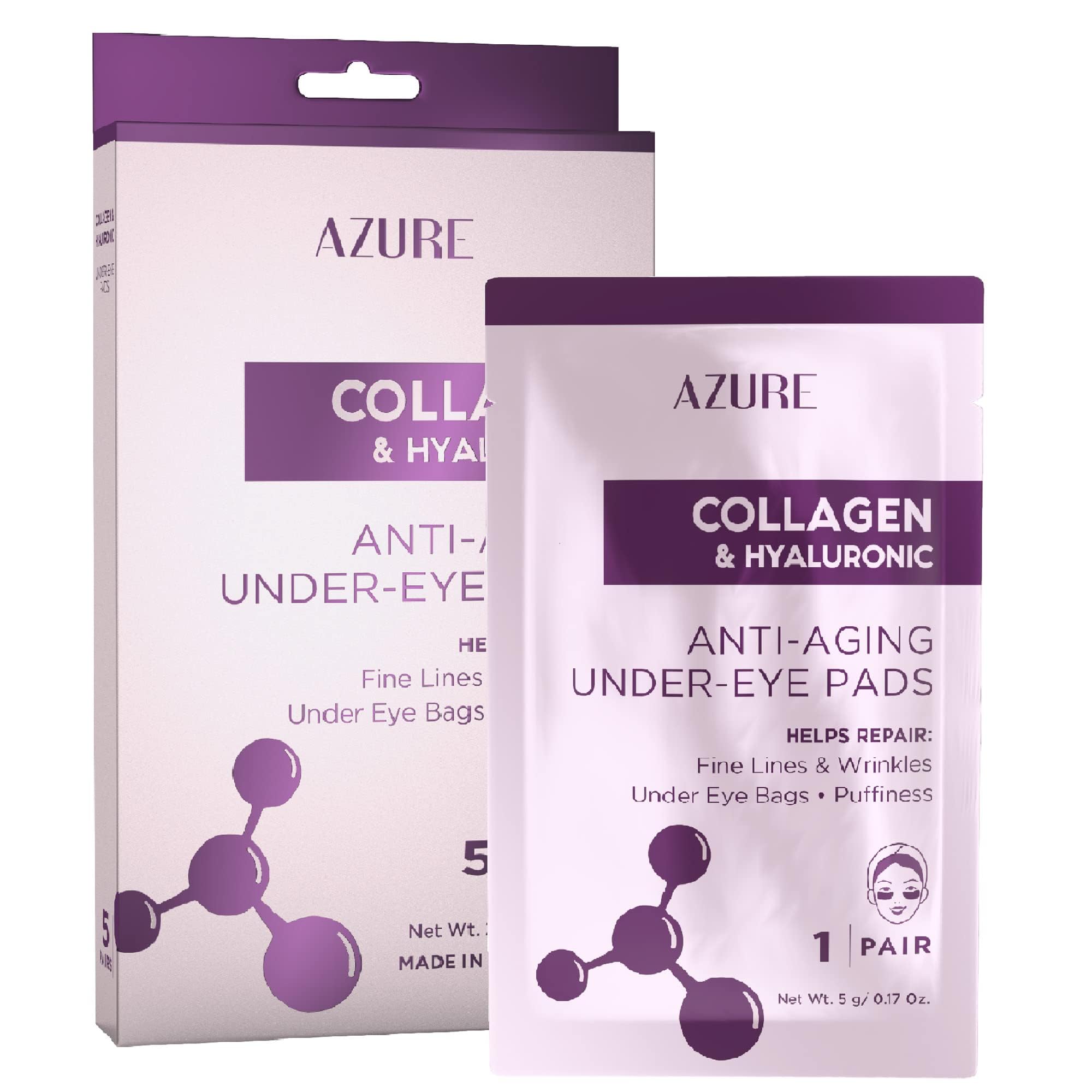 Azure Cosmetics Collagen & Hyaluronic Acid Eye Pads - Anti-Aging Under Eye Mask Patches for Dark Circles, Wrinkles & Puffiness - Korean Made Lifting & Moisturizing Treatment - 5 Pairs - Perfect for Night Routine & Travel Skincare