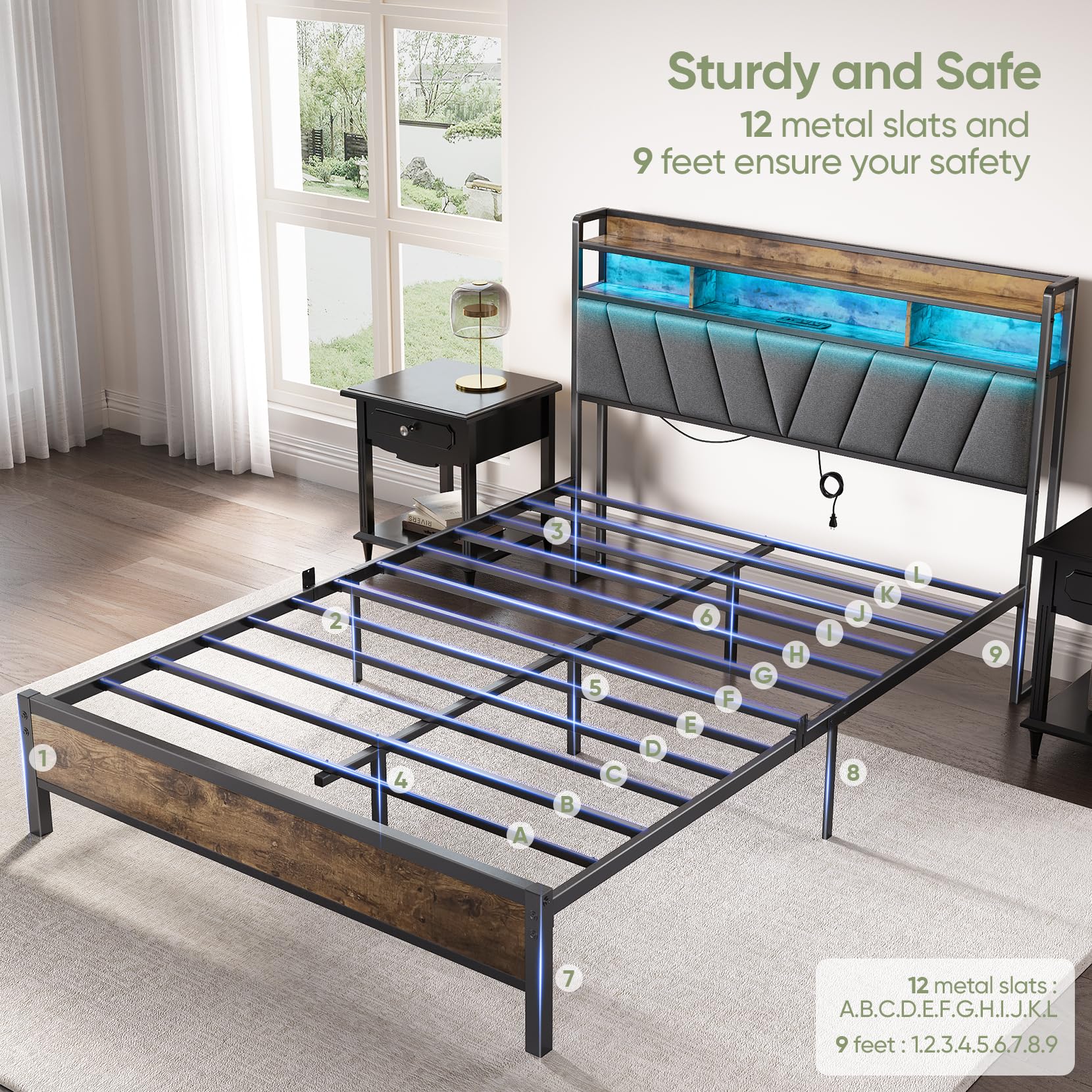 Queen Size Bed Frame with LED Headboard & USB Charging Station - Sturdy Metal Platform Bed with Underbed Storage, Noise-Free Design, No Box Spring Needed, Brown - Perfect for Modern Bedrooms, Guest Rooms & Small Spaces