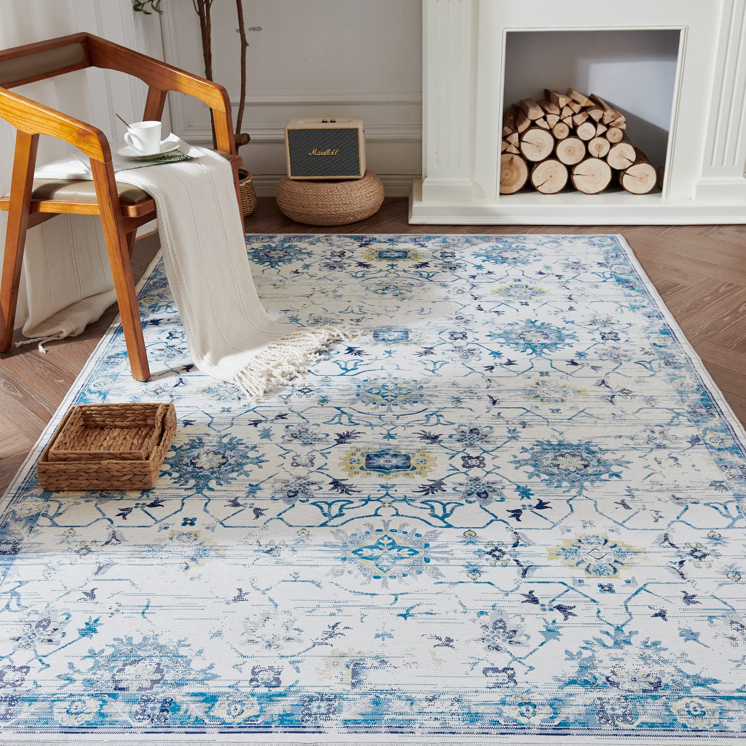 Jinchan Washable Blue Floral Print 5x7 Non-Slip Accent Rug - Soft Foldable Thin Bath Mat for Bedroom, Living Room, Dining Room | Perfect for Home Decor, Guest Rooms & Cozy Spaces