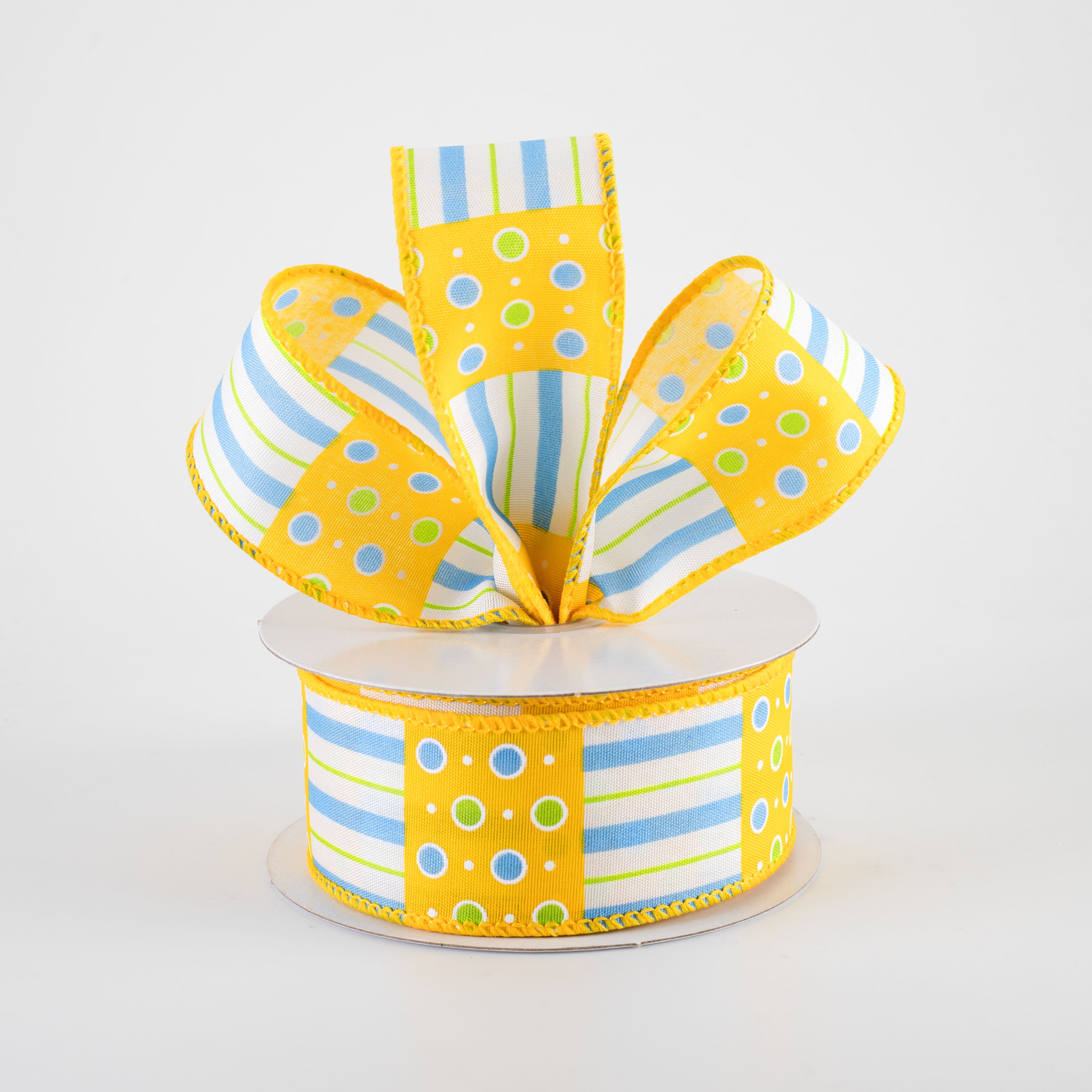 1.5 Inch Jet Dots & Stripes Ribbon - Yellow, Blue & Lime Green Decorative Ribbon (10 Yards) for Gift Wrapping, Party Decorations & DIY Crafts
