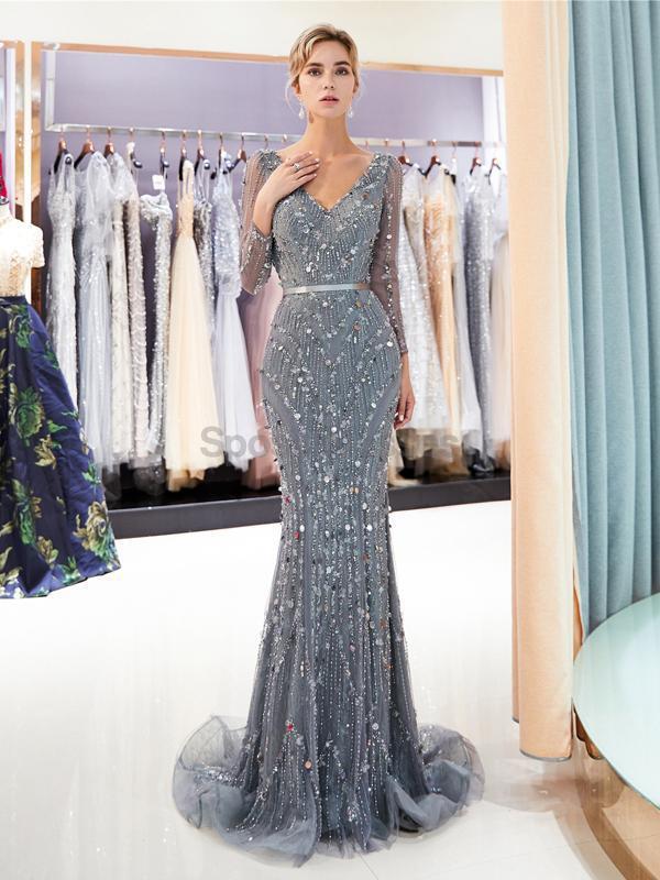 Elegant Long Sleeve Grey Rhinestone Beaded Mermaid Prom Dress for Evening Party & Formal Events - Perfect for Homecoming, Wedding Guest, and Special Occasions