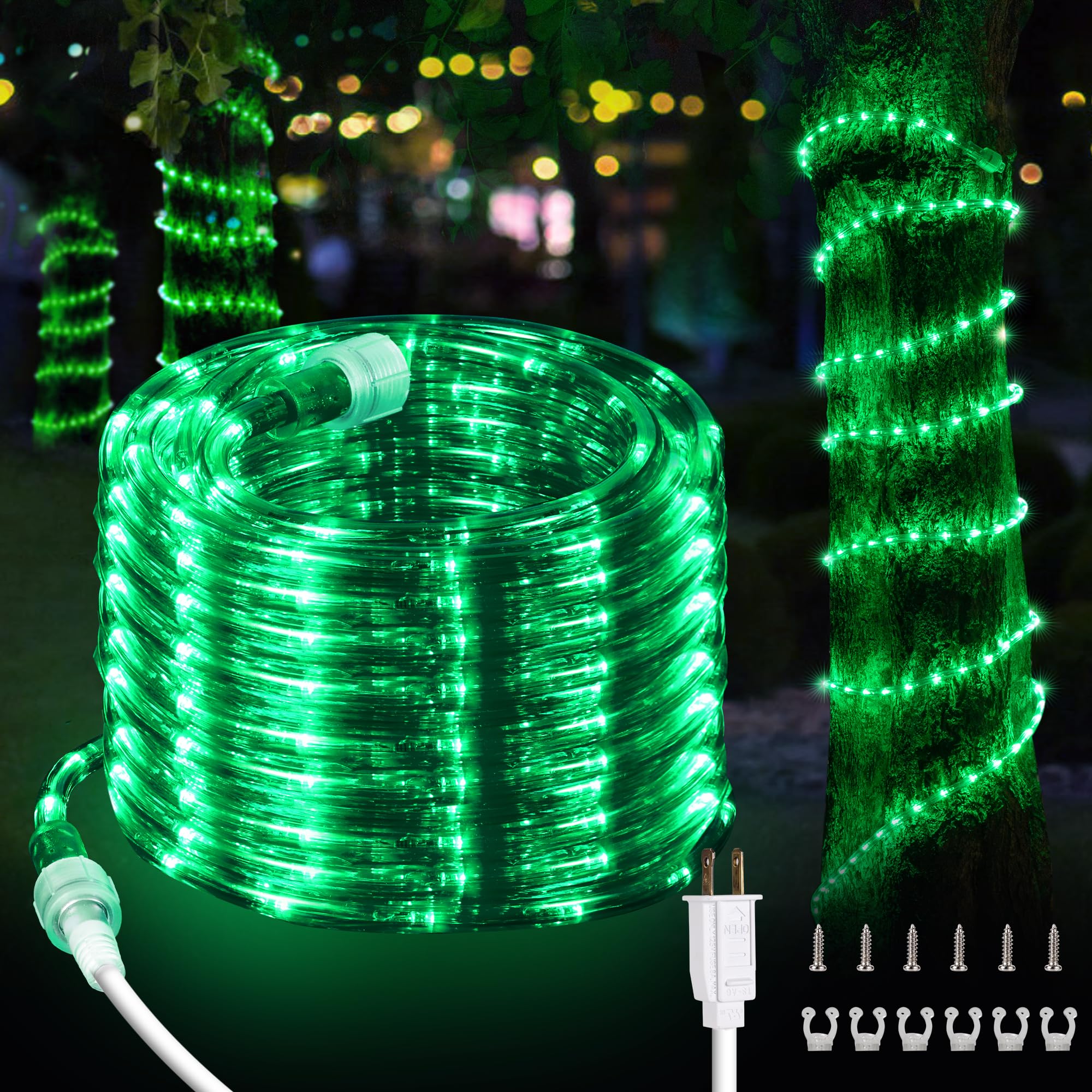 108 LEDs 16Ft Connectable LED Rope Lights Outdoor Waterproof - Flexible Strip Lights with Holder for Tree Garden Party Wedding Christmas Decor - Indoor/Outdoor Use - 110V Plug Green Clear Tube Lights - Perfect for Patio, Backyard, Holiday and Event Lighting