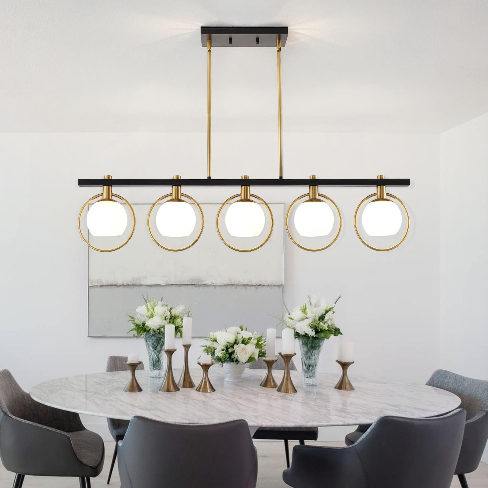 5-Light Black and Gold Farmhouse Linear Chandelier - Modern Kitchen Island Pendant Light with Glass Shade for Dining Room & Table Lighting | Perfect for Rustic Home Decor and Open Concept Spaces