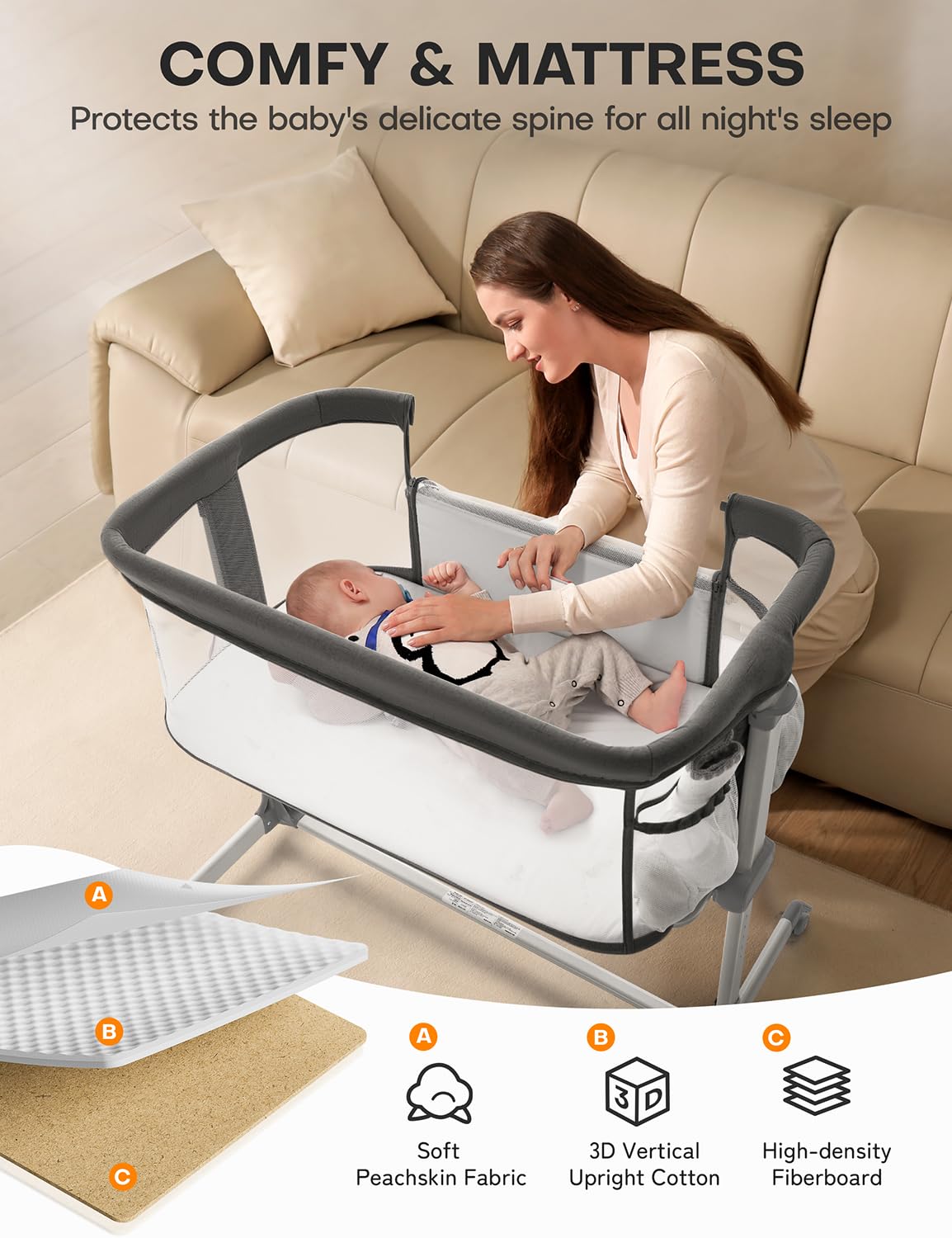 Besrey Baby Bassinet Bedside Sleeper - Breathable Mesh Crib for Newborns with Adjustable Height & 360° Wheels | Portable Infant Bed with Storage Pockets | Perfect for Nursery, Bedroom & Travel