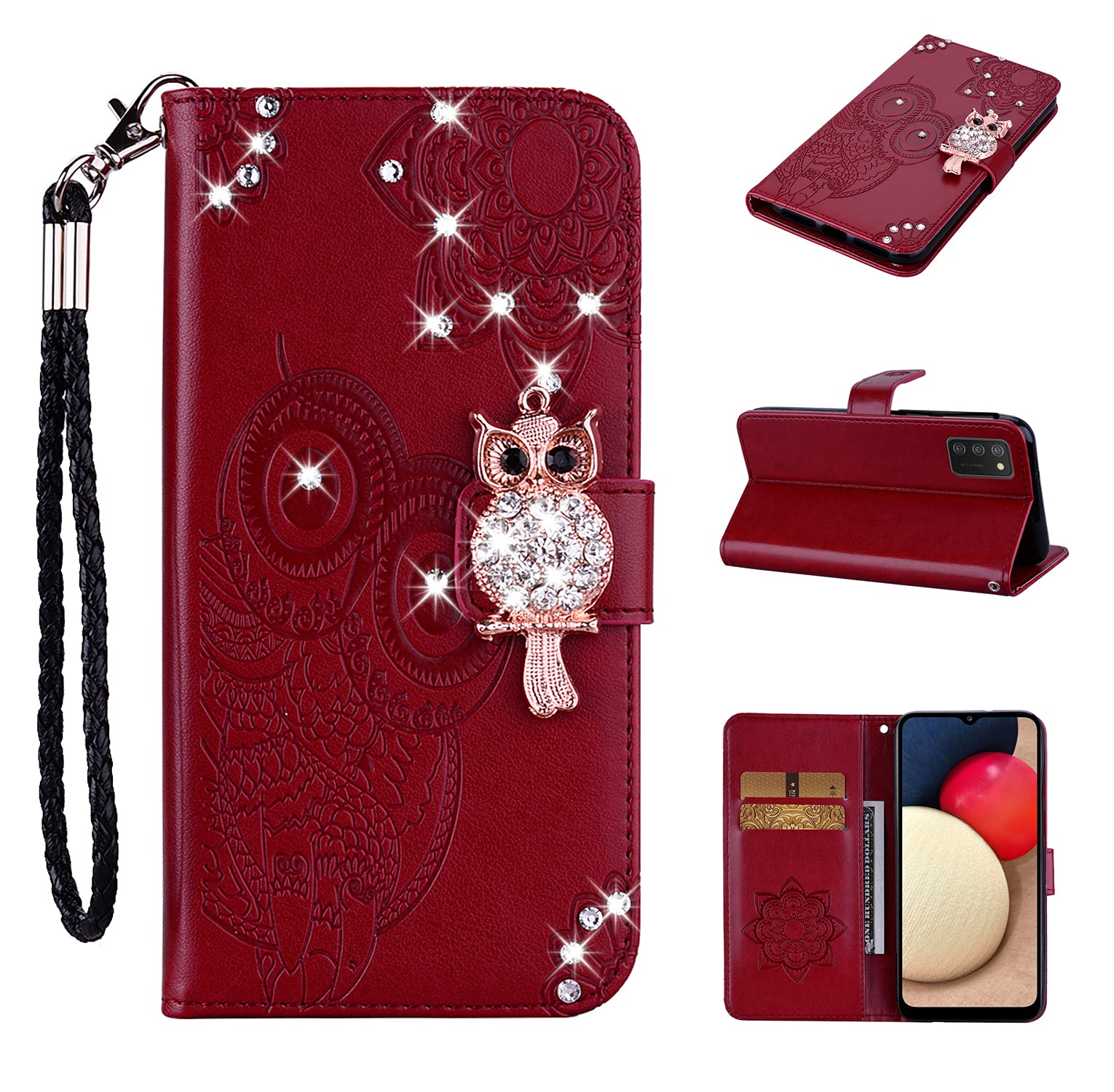 Samsung Galaxy A02S Case for Women - Glitter Bling Diamond PU Leather Wallet Flip Cover with Wrist Strap | Shockproof Protective Phone Case | Owl Red Design | Perfect for Daily Use, Work & Travel