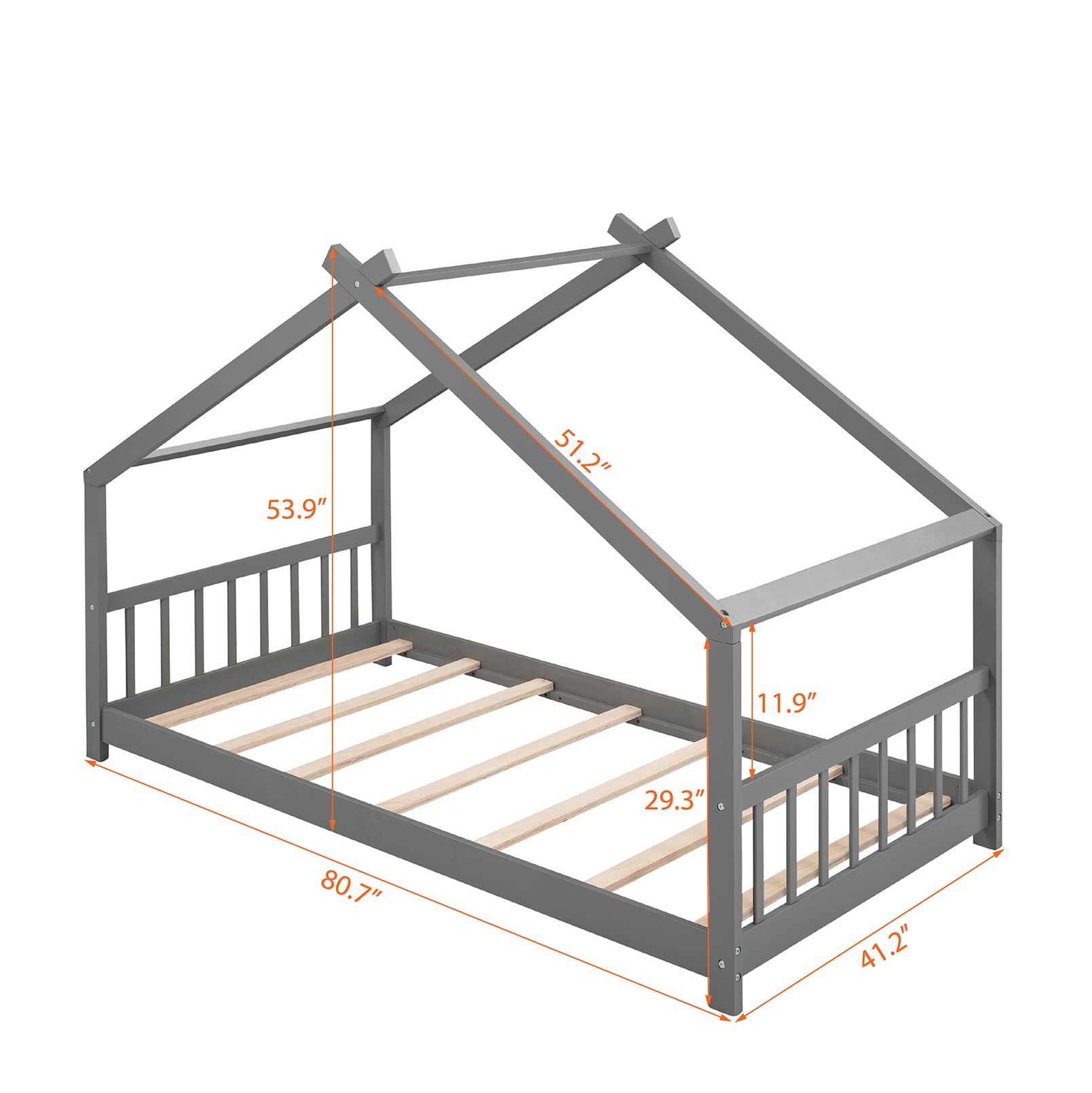Modern Twin Size Wooden House Platform Bed Frame with Roof, Headboard & Footboard - Easy Assembly, Solid Wood Support for Kids Bedroom - No Box Spring Needed - Gray - Perfect for Boys & Girls Bedrooms, Playrooms & Cozy Sleep Spaces