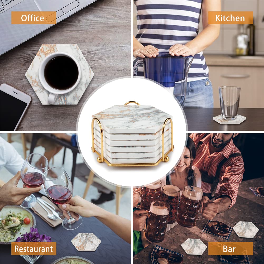 Premium Absorbent Marble Drink Coasters Set with Cork Base - 6pc Elegant Ceramic Cup Coasters with Gold Metal Holder, Rustic Home Decor for Coffee Tables, Bars & Living Room (White) - Perfect for Protecting Wooden Surfaces from Condensation & Stains