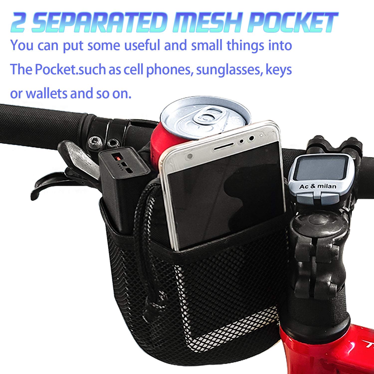 UCEDER 4 Pack Bike Handlebar Cup Holder - Adjustable Water Bottle Holder with Mesh Pocket & Buckle for Cycling, Hiking & Outdoor Sports (6.3