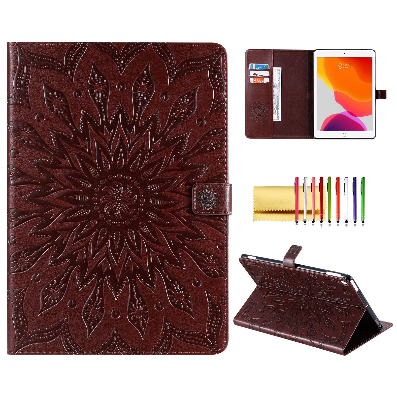 Premium PU Leather Folio Case for iPad 9th/7th/8th Generation - Sunflower Embossed Smart Cover with Auto Wake/Sleep, Card Slots & Money Pocket | Protective Wallet Stand for Work, Travel & Home Use (Brown)