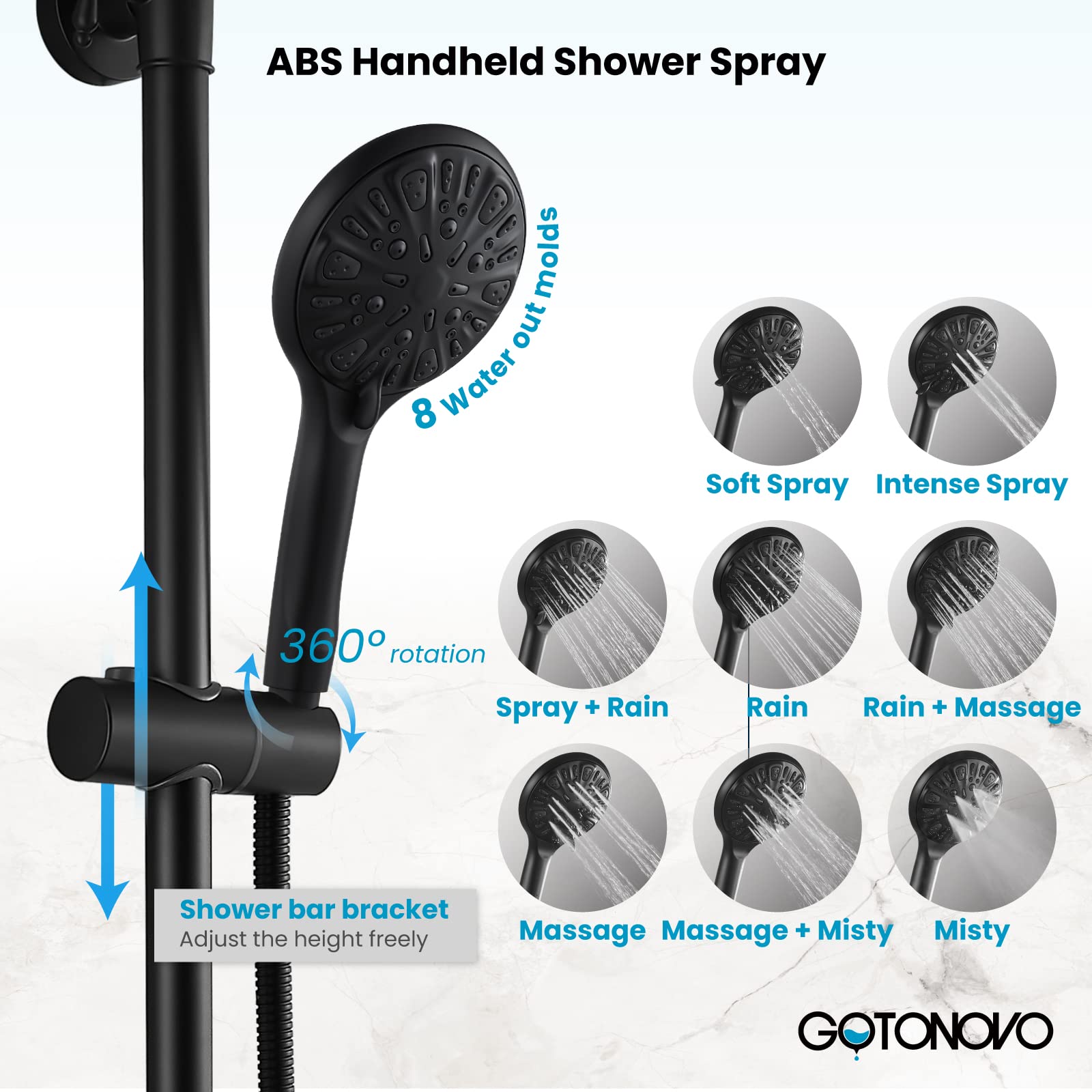 Gotonovo 8 Inch Round Rain Shower Head with Double Cross Handle & Tub Spout - Matte Black Wall Mount Bathroom Faucet Mixer - 3 Function ABS Handheld Sprayer for Luxurious Spa-Like Shower Experience