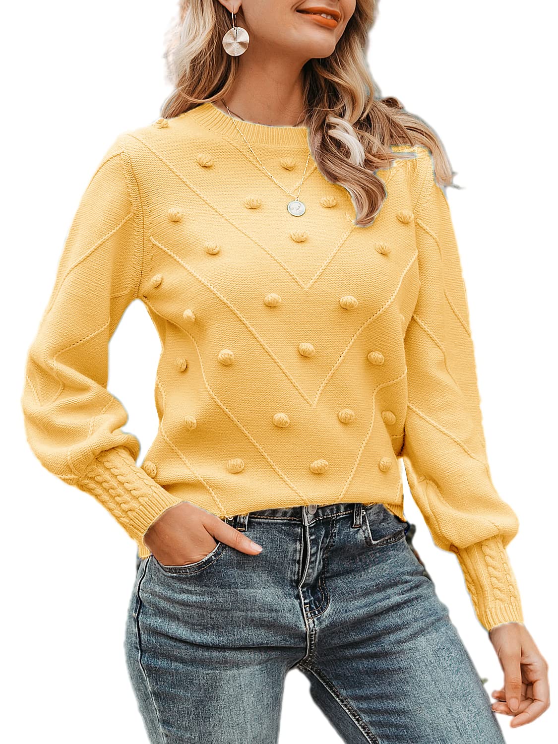 Miessial Women's Crew Neck Lantern Sleeve Sweater Pullover - Soft Elegant Knit Jumper Top for Fall Winter Fashion, Casual Office Wear & Holiday Outfits