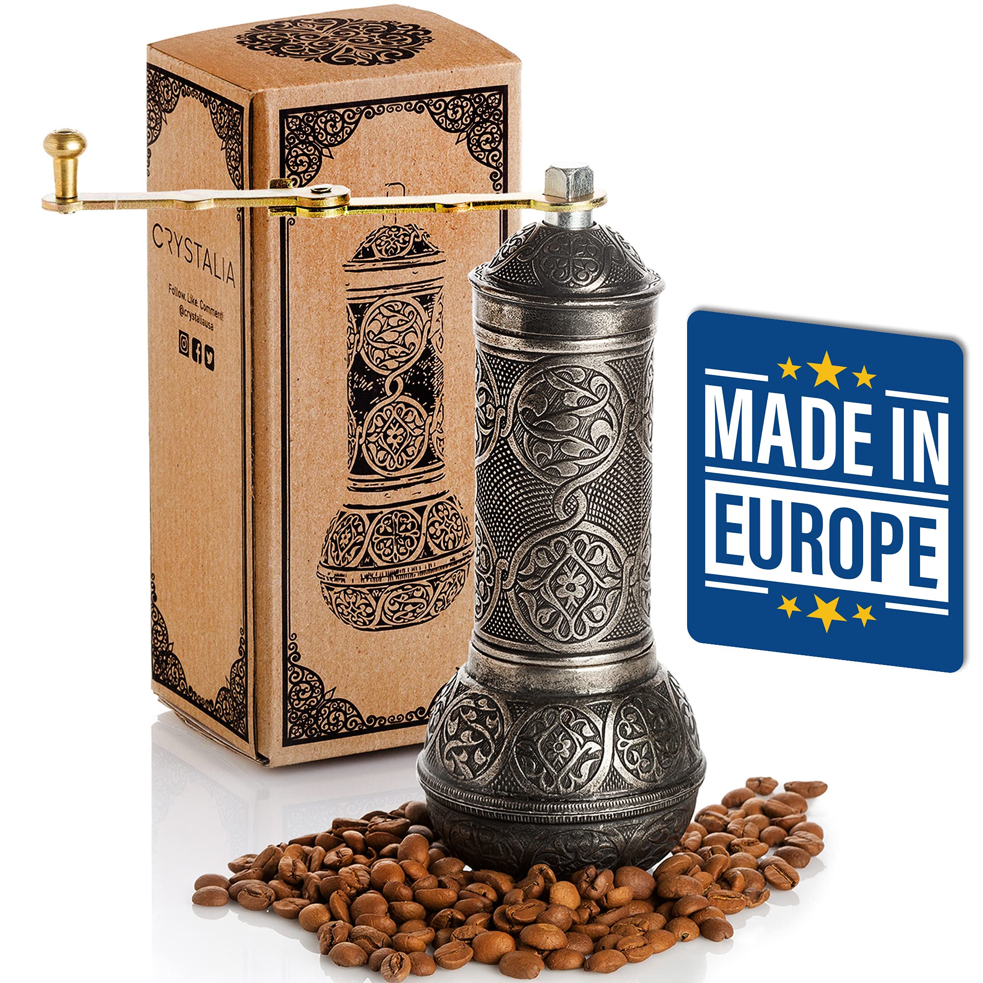 Premium Crystalia Refillable Manual Coffee Grinder - Adjustable Metal Burr Mill with Hand Crank & Ergonomic Handle - Vintage Style for Espresso, French Press & Cold Brew - Perfect for Home, Office & Camping Use