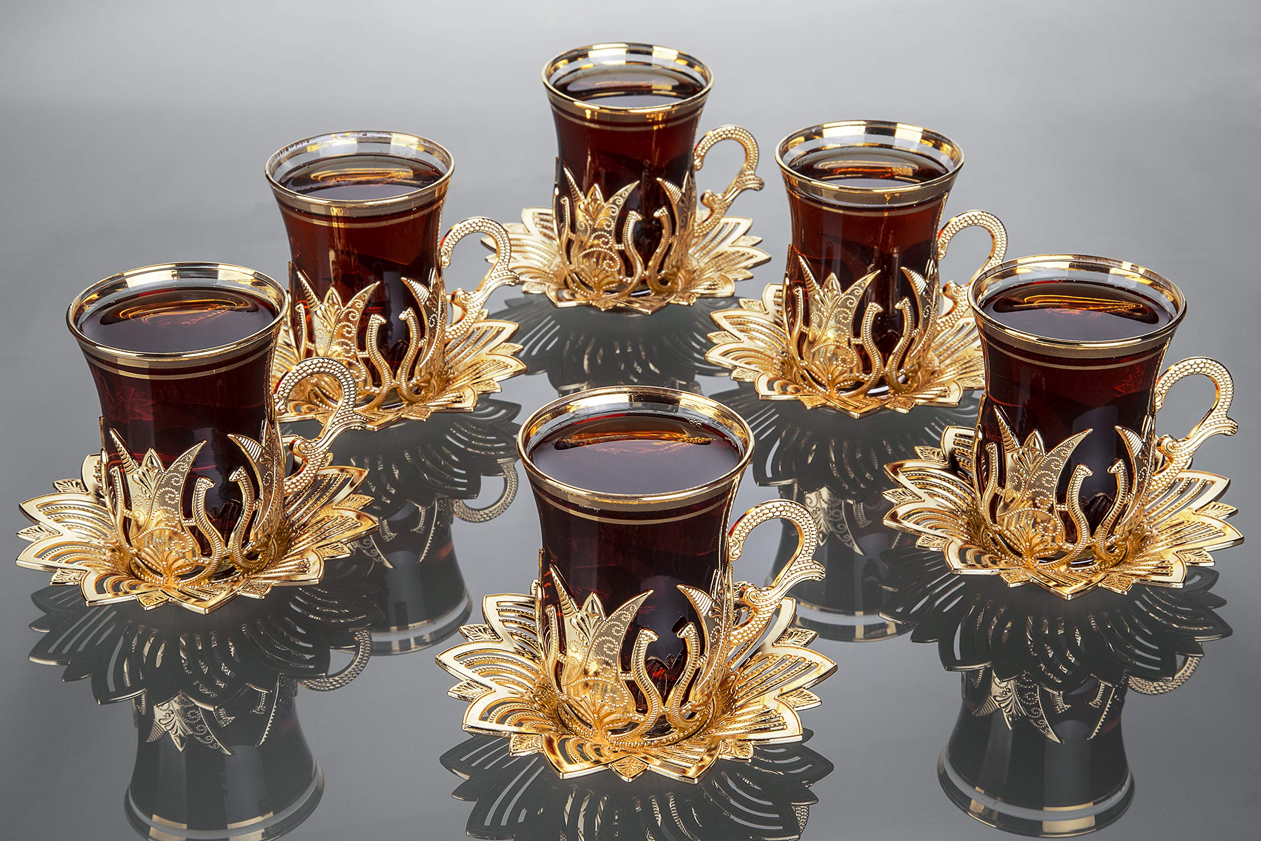 DEMMEX 6-Piece Turkish Tea Glasses Set with Saucers, Tray & Spoons - 25-Piece Gold Tea Service (3.5 Oz) - Perfect for Afternoon Tea, Turkish Coffee Ceremonies & Gift Giving
