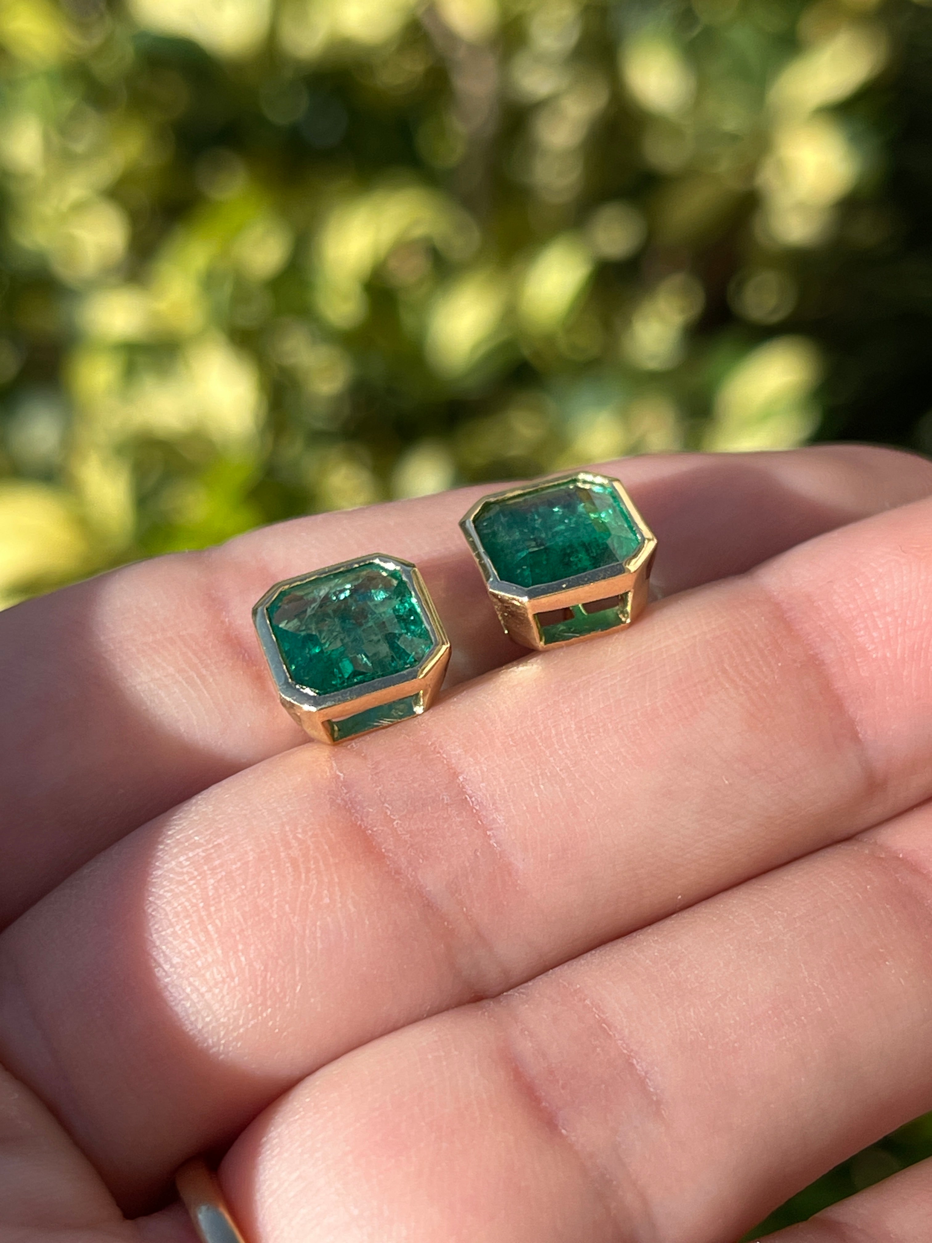 5.60tcw Classic Asscher Cut Emerald Bezel Stud Earrings in 18K Gold - Elegant Jewelry for Weddings, Parties & Special Occasions