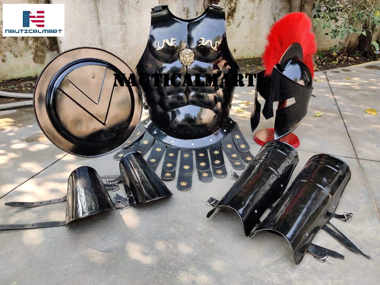 300 Spartan Helmet with Red Plume - Medieval Roman King Costume Set with Muscle Armor & Leg/Arm Guards for Halloween, Cosplay, LARP & Historical Reenactment