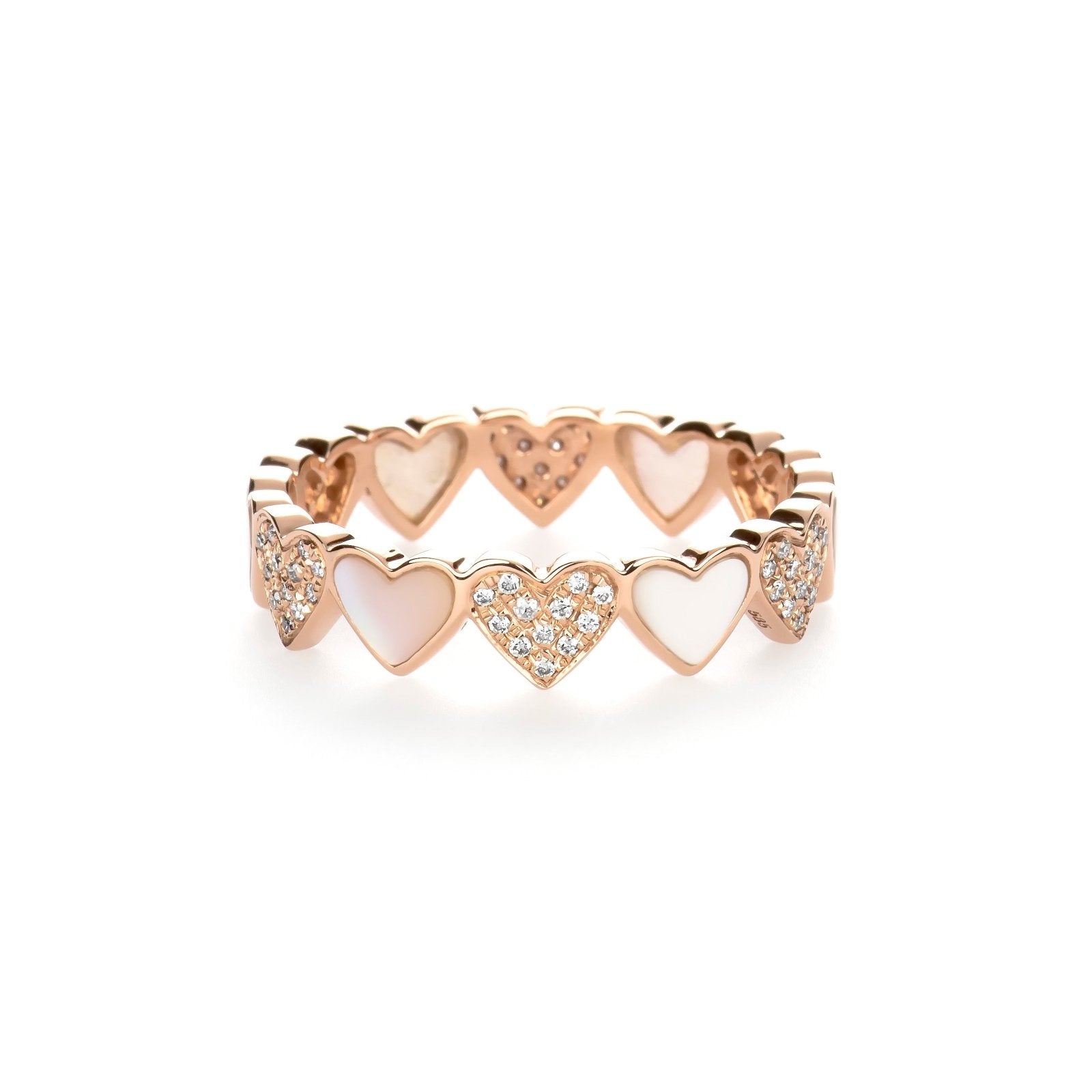14k Rose Gold Diamond and Mother of Pearl Heart Eternity Band Ring - Romantic Wedding, Anniversary, or Valentine's Day Gift for Her