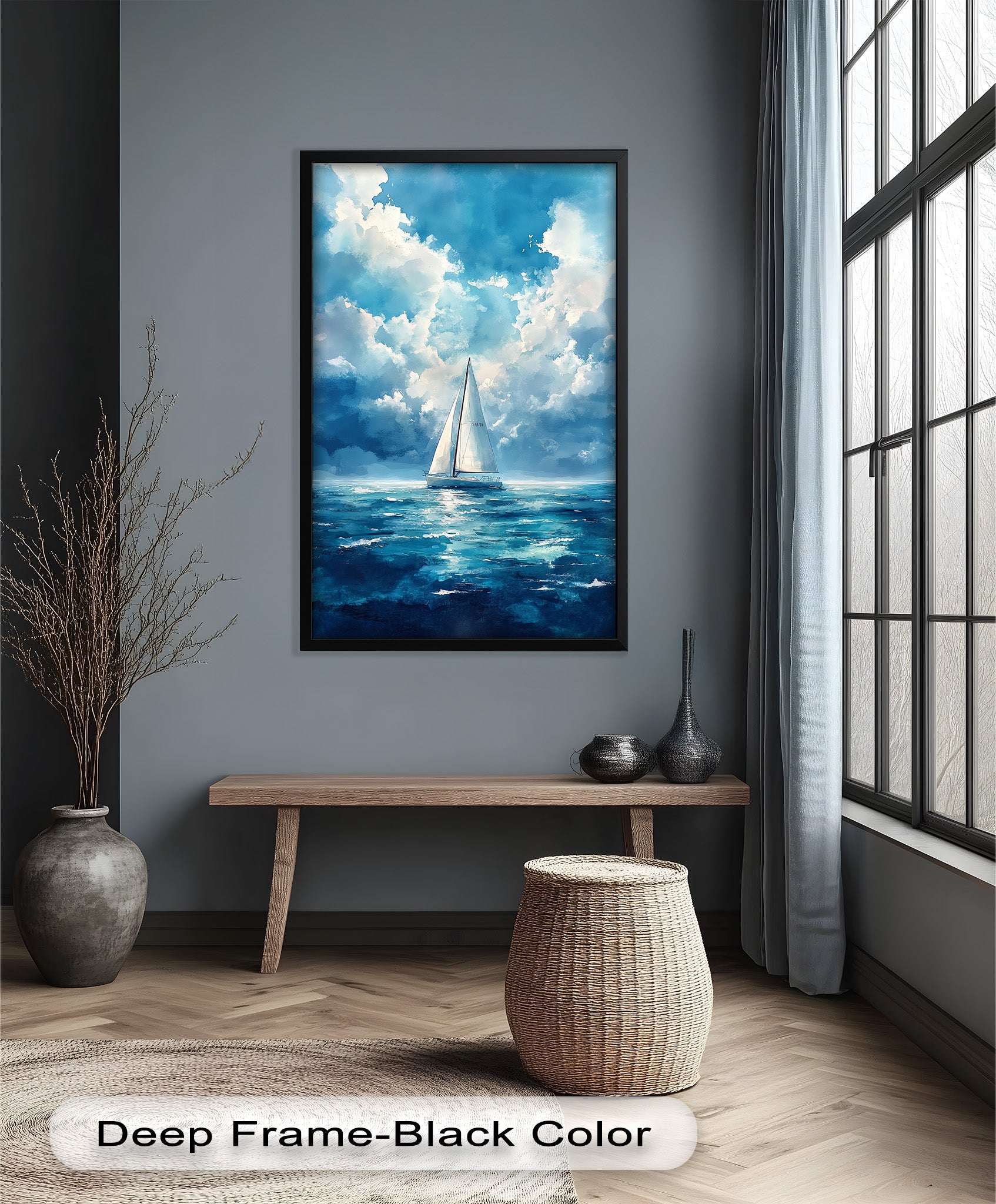 Blue Sky White Sailboat Oil Painting - Handmade Nautical Wall Art for Living Room, Bedroom & Office Decor