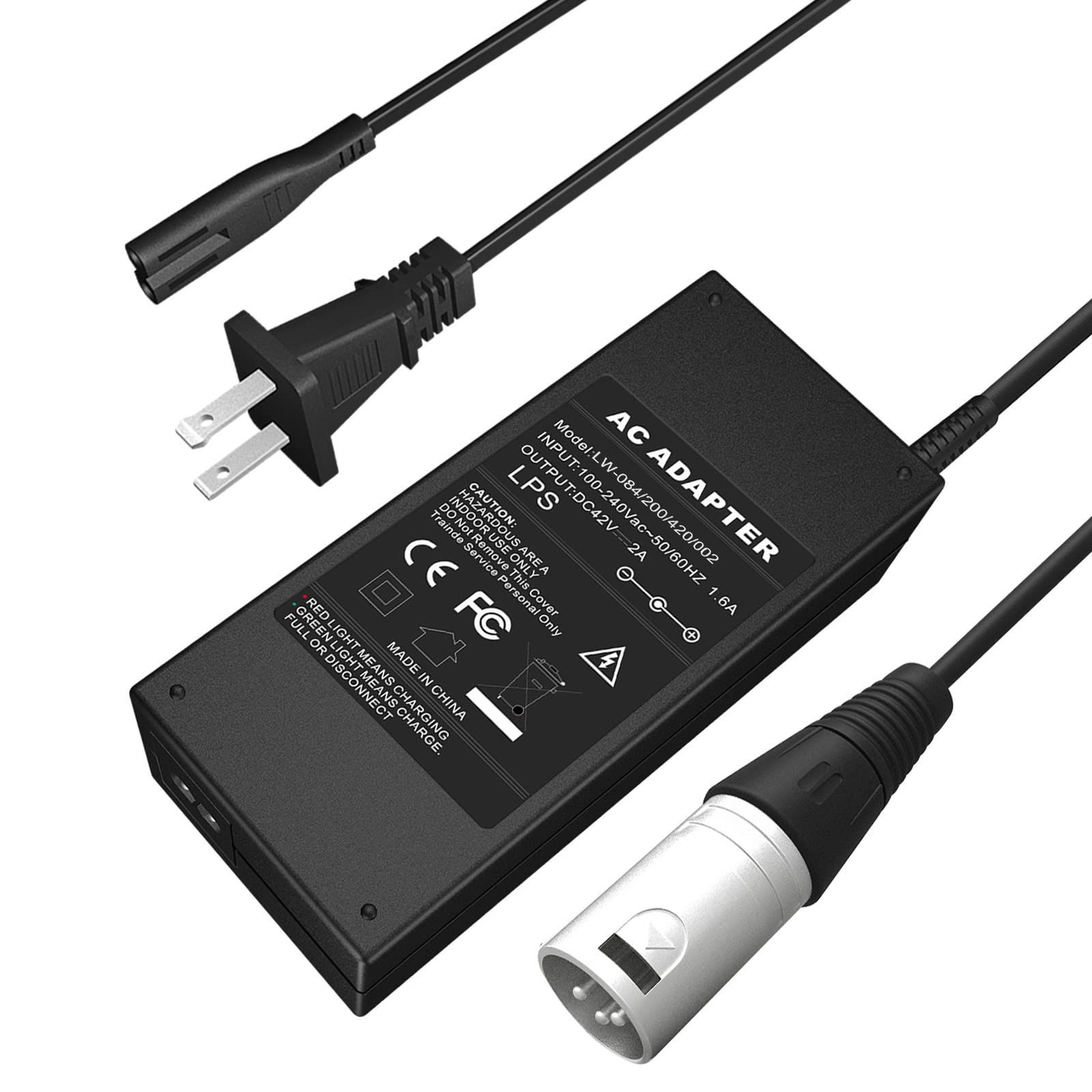 36V 42V 2A Lithium Battery Charger for Electric Bikes - 10 Series Male 3-Pin XLR Connector - Perfect for E-Bike, Scooter & Mobility Scooter Charging