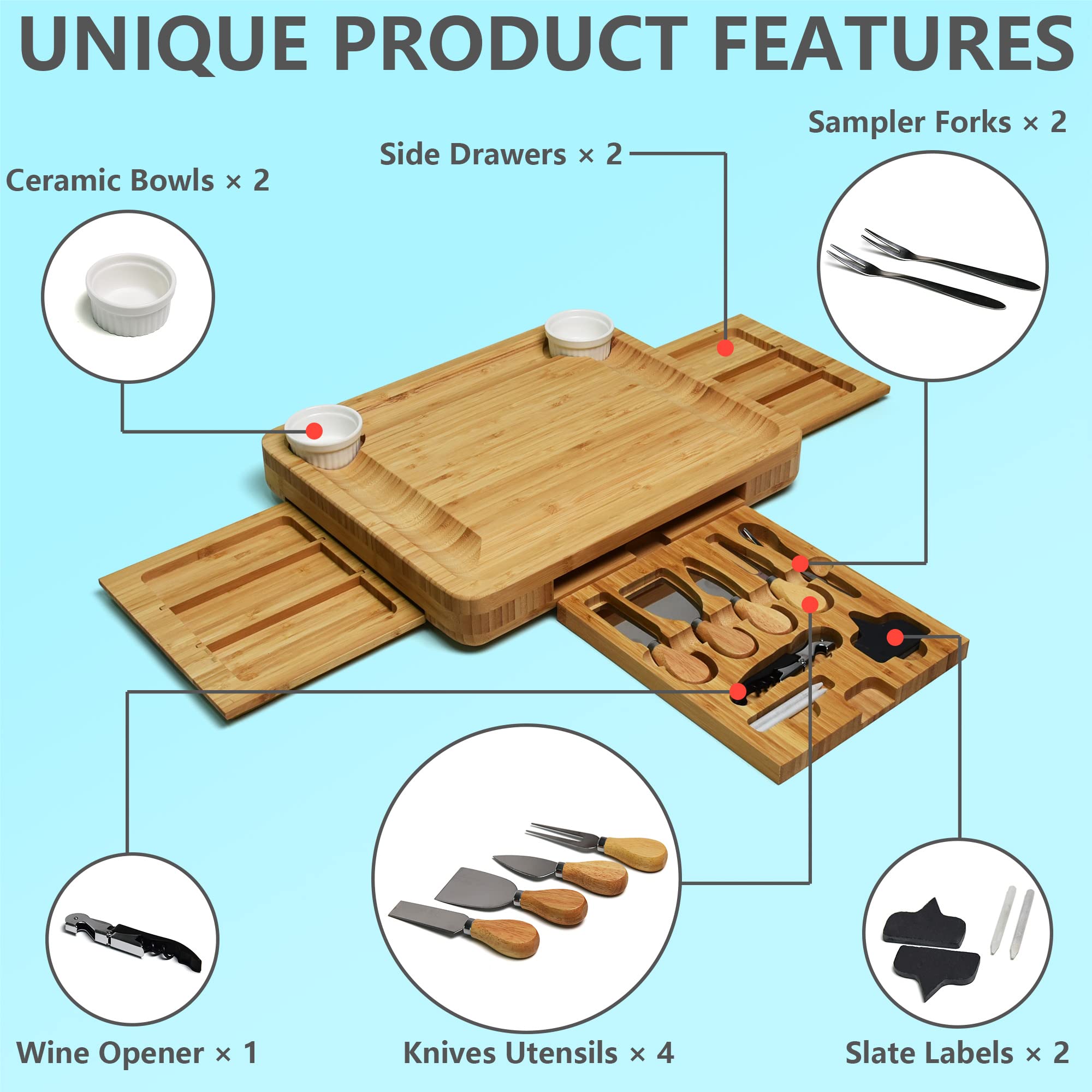 Premium Bamboo Charcuterie Board Set with Knives - Large Wooden Cheese Platter for Entertaining, Housewarming Gifts, Wedding Registry & Birthday Presents - Perfect for Wine Parties, Charcuterie Nights & Holiday Gatherings