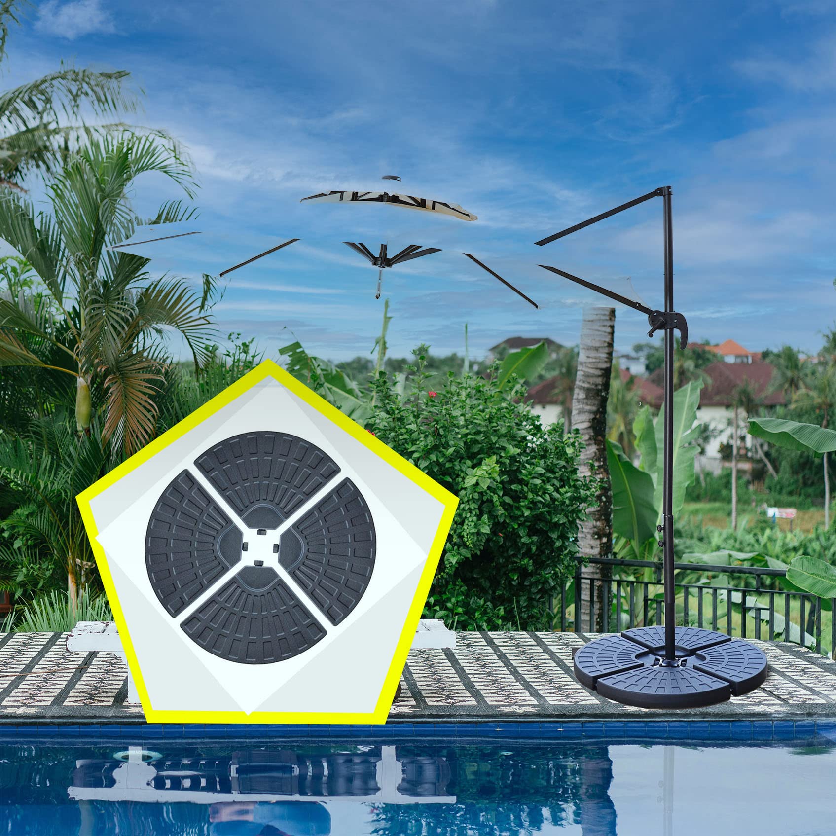 Heavy Duty Outdoor Cantilever Offset Patio Umbrella Base Stand - Holds Up to 115 Lb, Easy Fill with Water or Sand, Universal Round Design for All Cross Parasols | Perfect for Poolside, Garden, Patio, and Backyard Relaxation