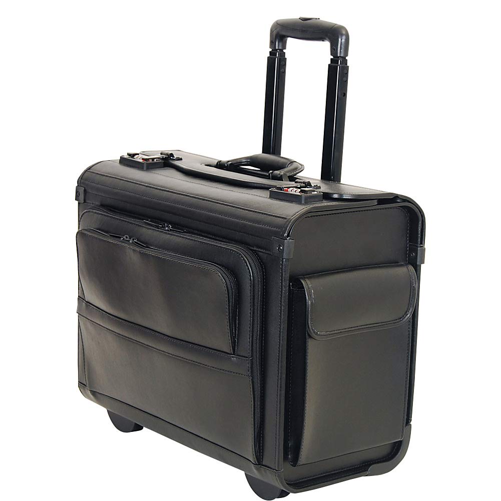 Premium Black Leather Rolling Computer & Catalog Case - Durable Laptop Briefcase with Wheels for Business Travel, Office & Commuting