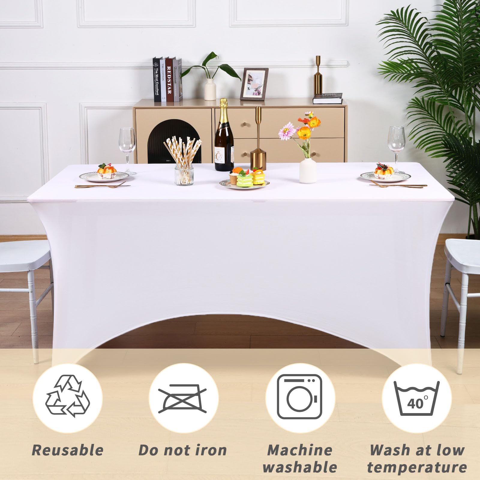 Fixwal 6 Pack White Rectangle Tablecloth Set - 6FT Stretchable Washable Table Cover (72x30x30 Inches) for Dining, Patio, Party & Outdoor Events
