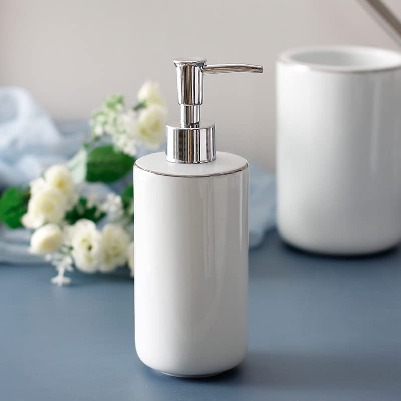 Modern White Ceramic Bathroom Set - 5-Piece Vanity Accessories (Toothbrush Holder, Cup, Lotion Bottle, Toilet Brush & Holder) for Stylish & Organized Bathroom Decor | Perfect for Home, Hotel, Spa & Guest Bathrooms