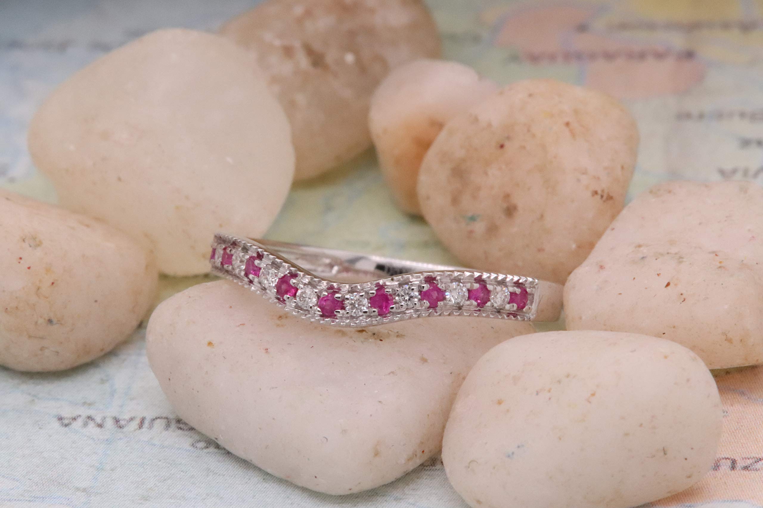 14K Solid Gold Round Ruby & White Diamond Women's Wedding Band Ring - Anniversary Gift, Engagement Ring, Stackable Ring for Special Occasions