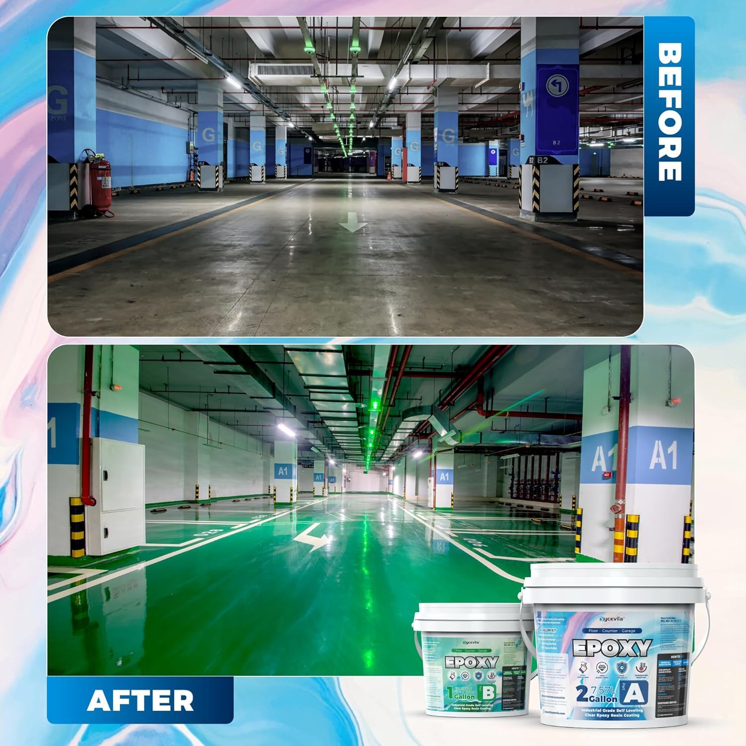 3 Gallon Clear Garage Floor Epoxy Kit - Self-Leveling, Durable Epoxy Floor Paint & Resin Coating for Concrete, Basements, Warehouses - Perfect for DIY Garage Renovation & Commercial Floor Protection