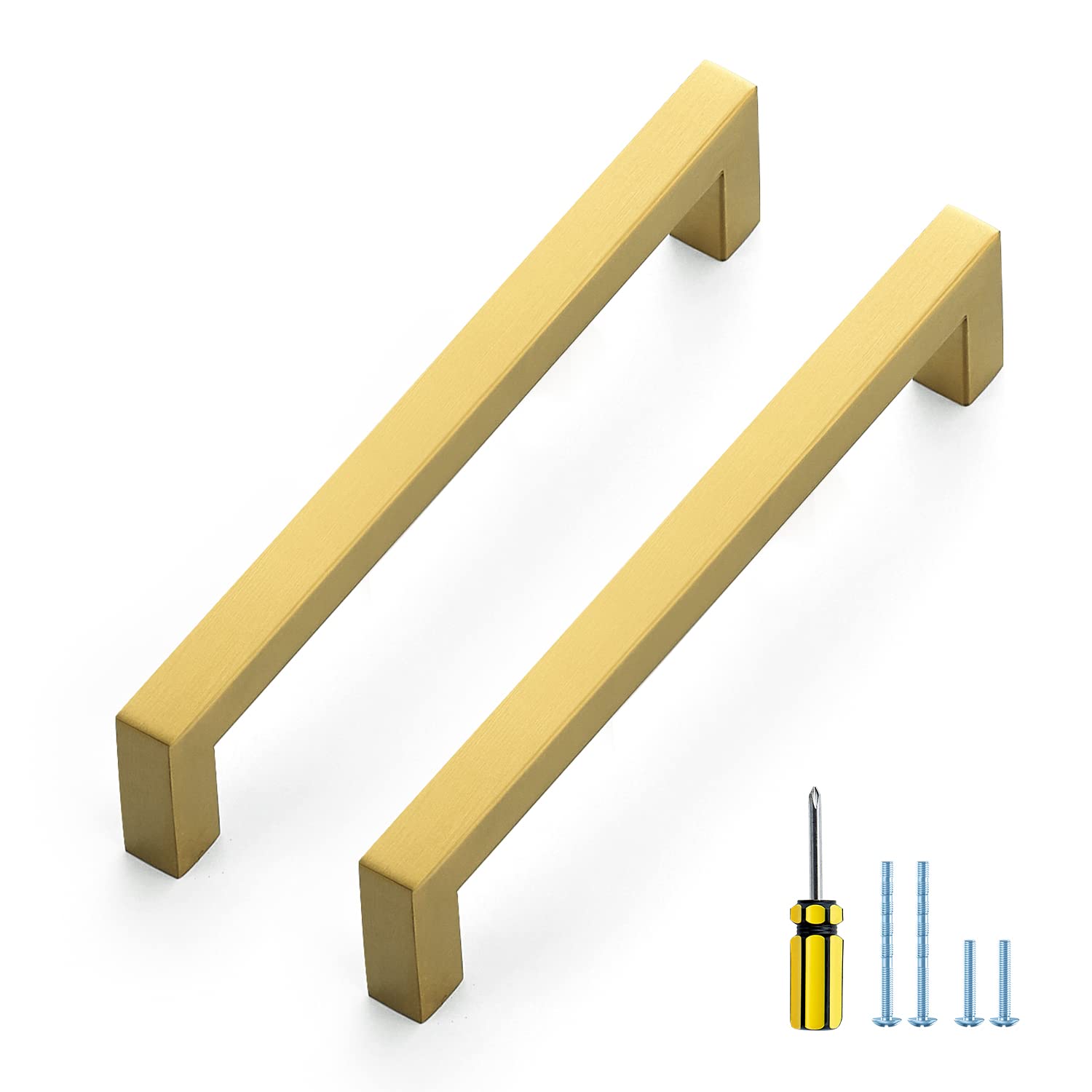 Ravinte 10 Pack 6-1/4 Inch Square Cabinet Pulls - Brushed Brass Kitchen Cabinet Handles & Gold Drawer Pulls with Screwdriver - Perfect for Modern Kitchens, Bathrooms & Furniture Upgrades