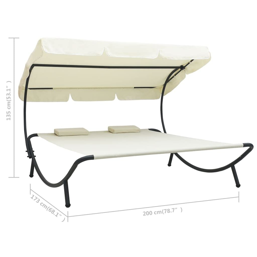 SKM Patio Lounge Bed with Canopy and Pillows - Cream White Outdoor Daybed for Poolside, Garden, or Backyard Relaxation
