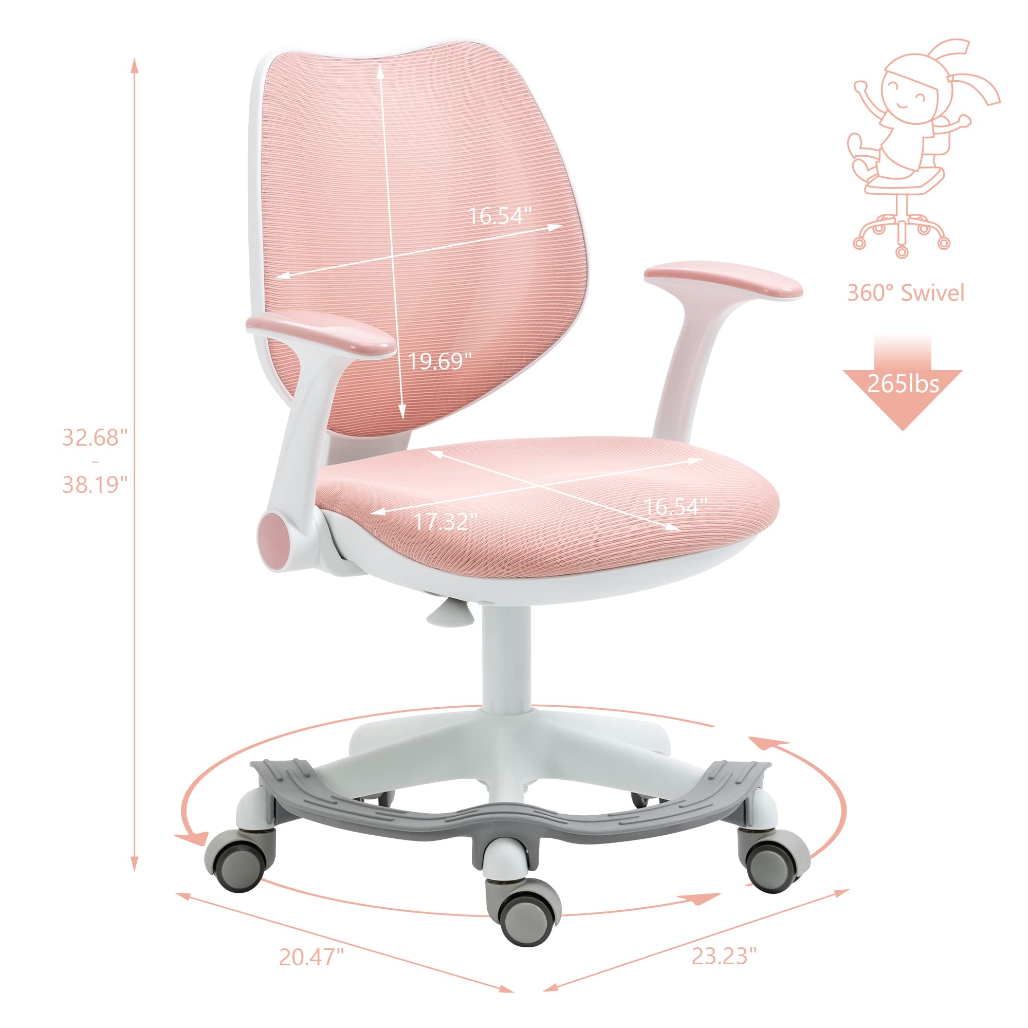 Adorable Adjustable Kids Desk Chair with Armrests & Footrest - Ergonomic Study Computer Office Swivel Chair for Boys Girls Teens - Perfect for Reading, Gaming & Online Learning (Pink)