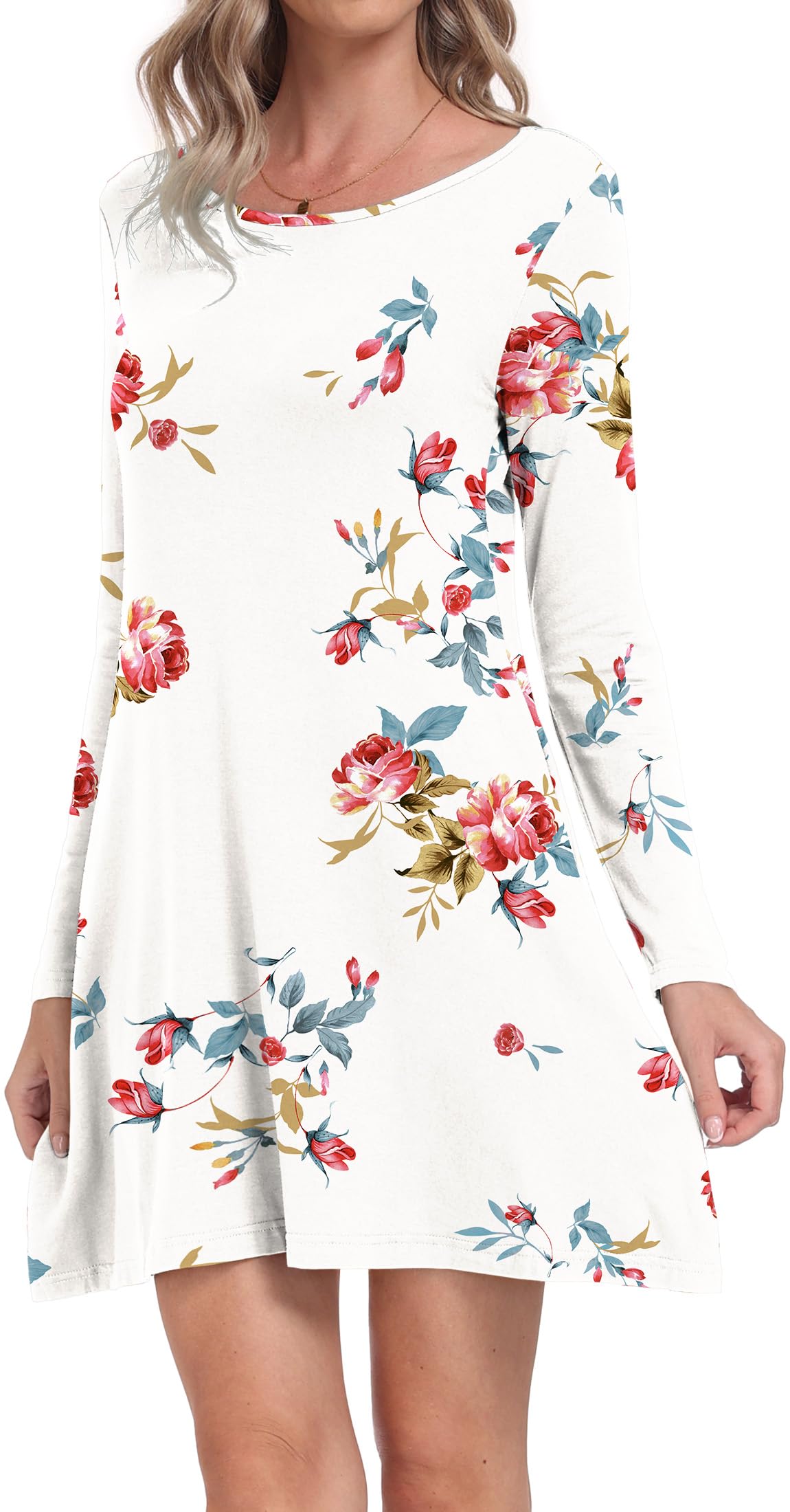 Women's Casual Long Sleeve Pocket T-Shirt Dress - Loose Fit Comfortable Cotton Dress for Everyday Wear, Work, Travel & Lounge