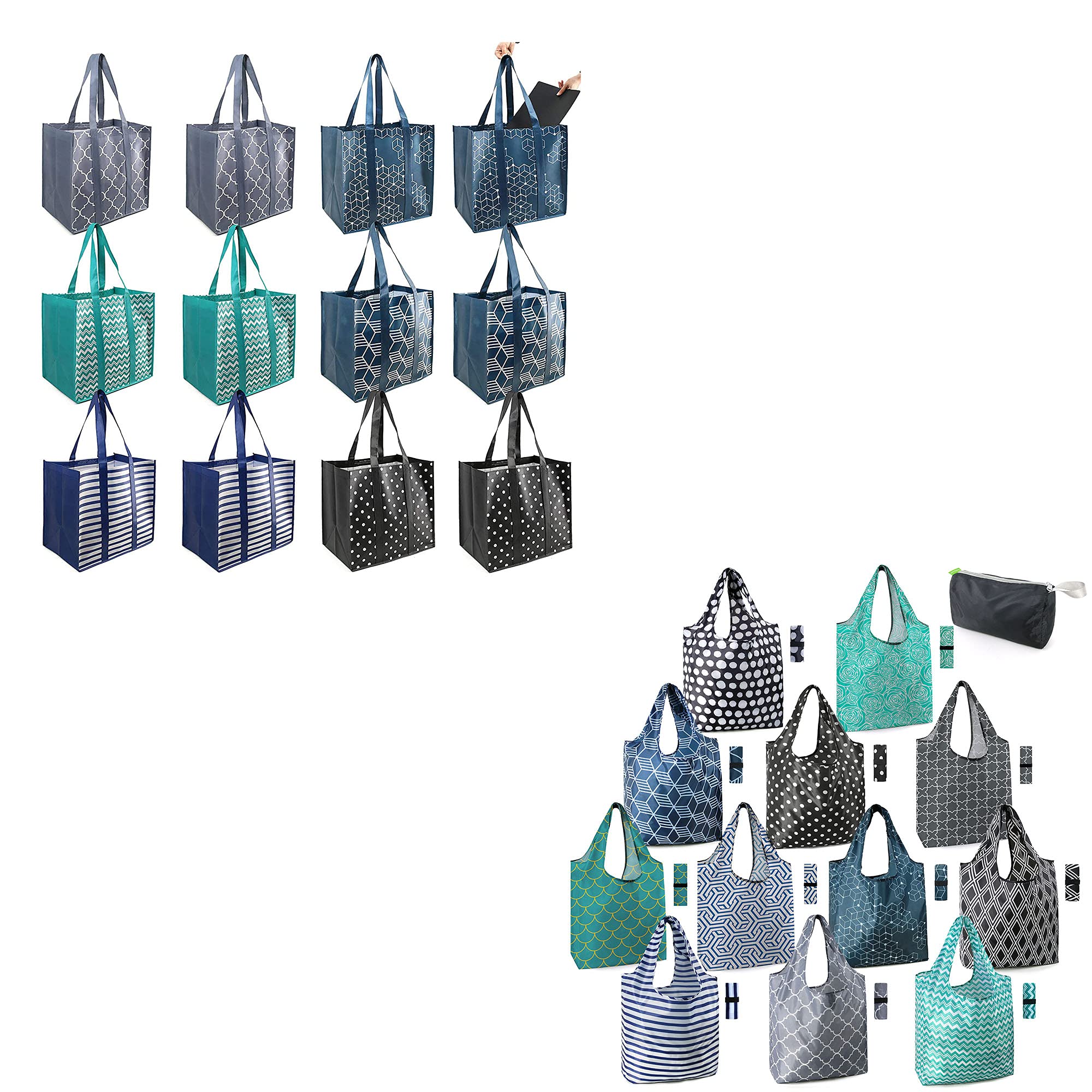 BeeGreen Heavy Duty Reusable Grocery Bags - 24 Pack Washable & Foldable Shopping Totes with Removable Bottom - Durable, Easy to Clean for Groceries, Farmers Market & Bulk Shopping - Eco-Friendly Shopping Bags for Groceries, Beach Trips & Storage