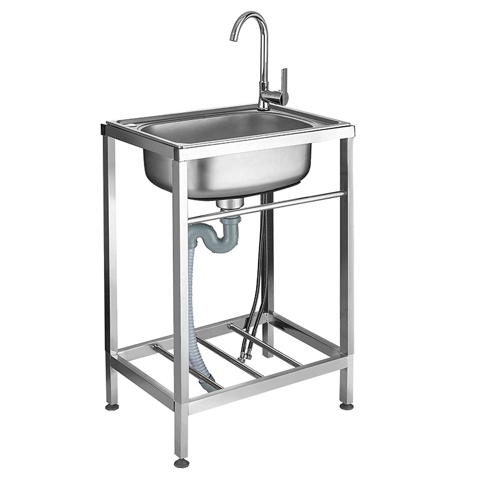 Stainless Steel Single Bowl Kitchen Sink with Reinforced Stand & Hot/Cold Faucet - 18.9x13.8 Inch Commercial Laundry Bar Sink for Outdoor, Restaurant & Household Use
