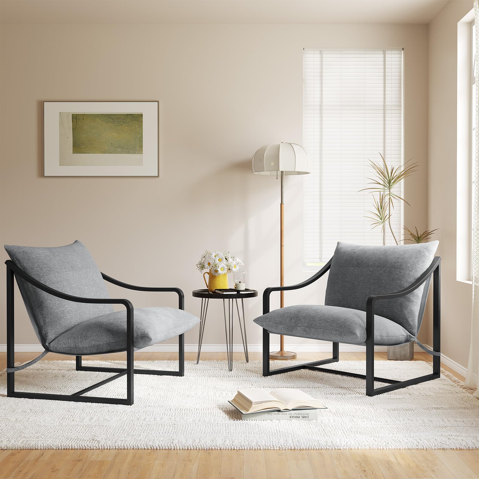 IDEALHOUSE Sling Accent Chair Set of 2 - Comfortable Fabric Lounge Chair with Sturdy Metal Frame, Modern Reading Armchair for Living Room & Bedroom - Easy Assembly (Grey) | Perfect for Small Spaces, Apartments, and Cozy Home Decor