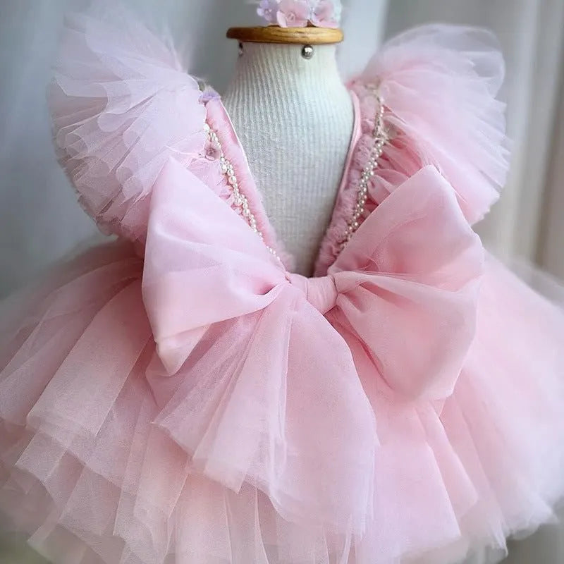 Exquisite Flower Girl Dress with Pleated Skirt, Pearl Beading & Floral Appliques – Elegant Mesh Princess Wedding Dress for Special Occasions