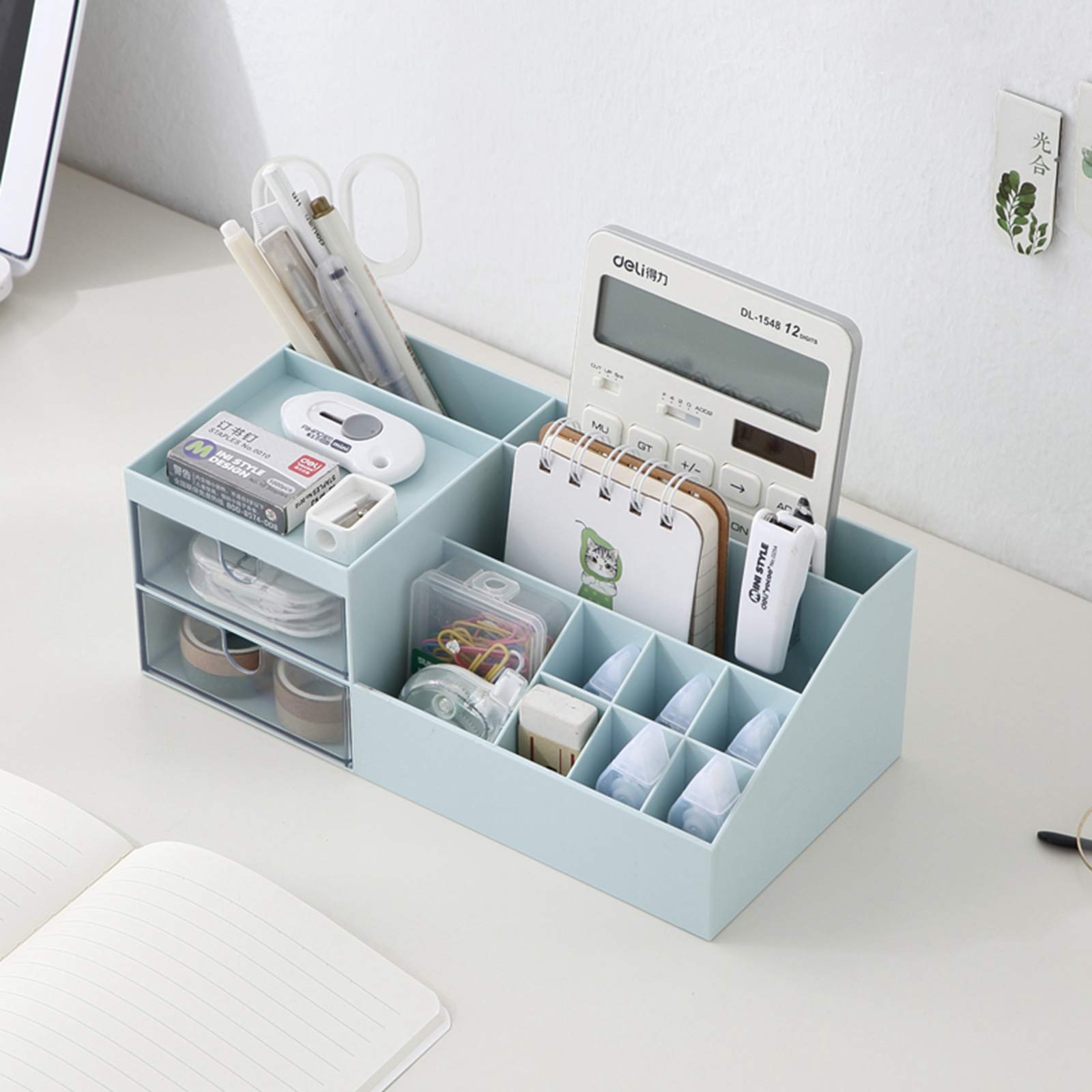 Vanity Makeup Organizer with Drawers - Cosmetic Storage Box & Desk Organizer for Office Supplies, Bathroom Counter or Dresser - Perfect for Makeup Brushes, Jewelry & Small Accessories (Blue)