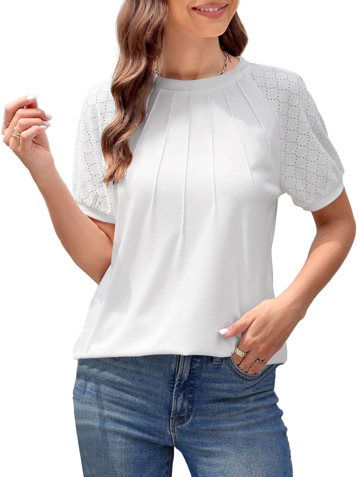 ZANZEA Women's Summer Tops - Puff Sleeve Blouses, Dressy Casual Crew Neck Short Sleeve Shirts, Pleated Tunic Loose T-Shirts for Work, Date & Vacation | Breathable & Stylish