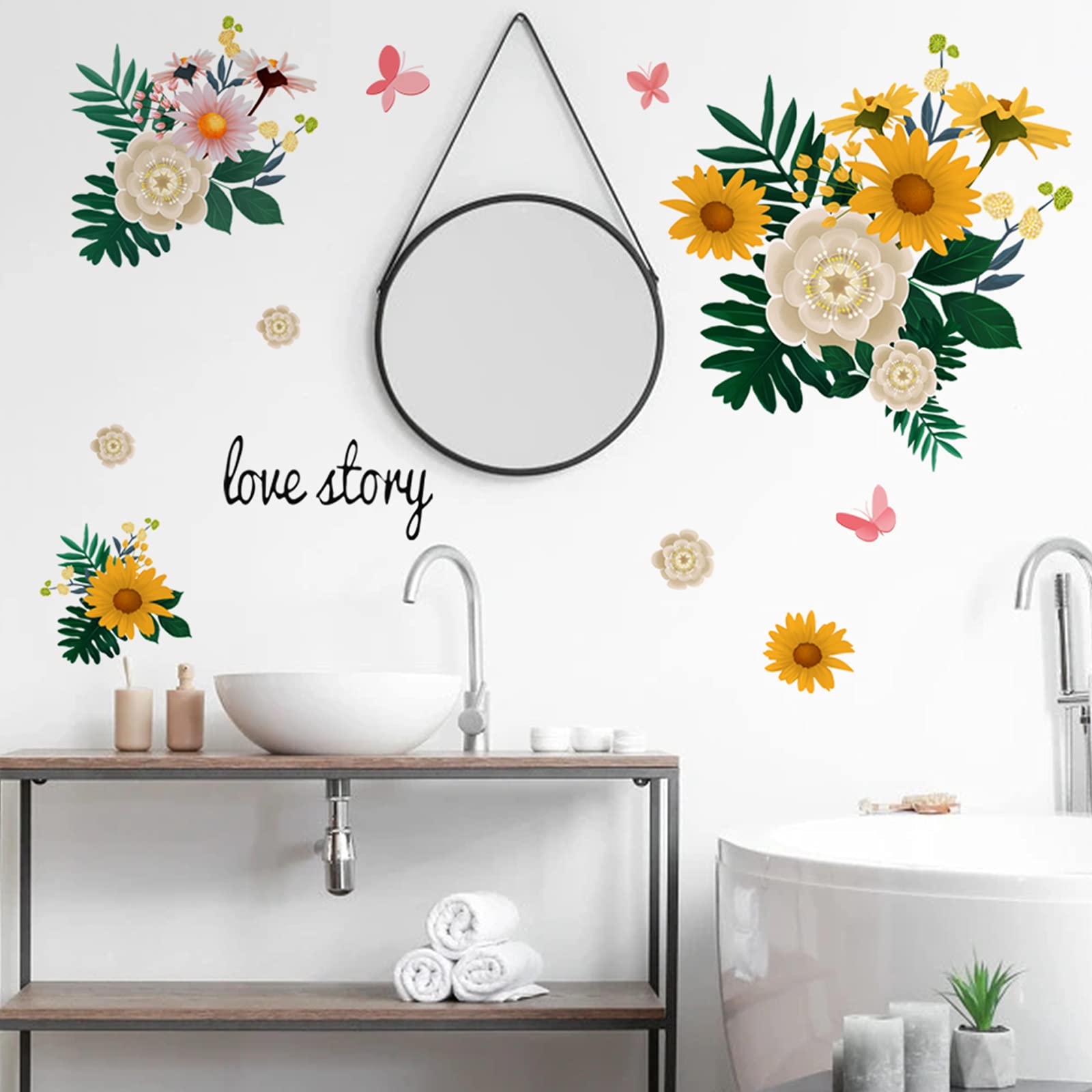Yellow Daisy Floral Wall Decals with Butterflies & Green Leaves - Removable DIY Wall Stickers for Home Decor | Perfect for Bedroom, Nursery & TV Wall Art | Easy Peel-and-Stick Wallpaper Alternative
