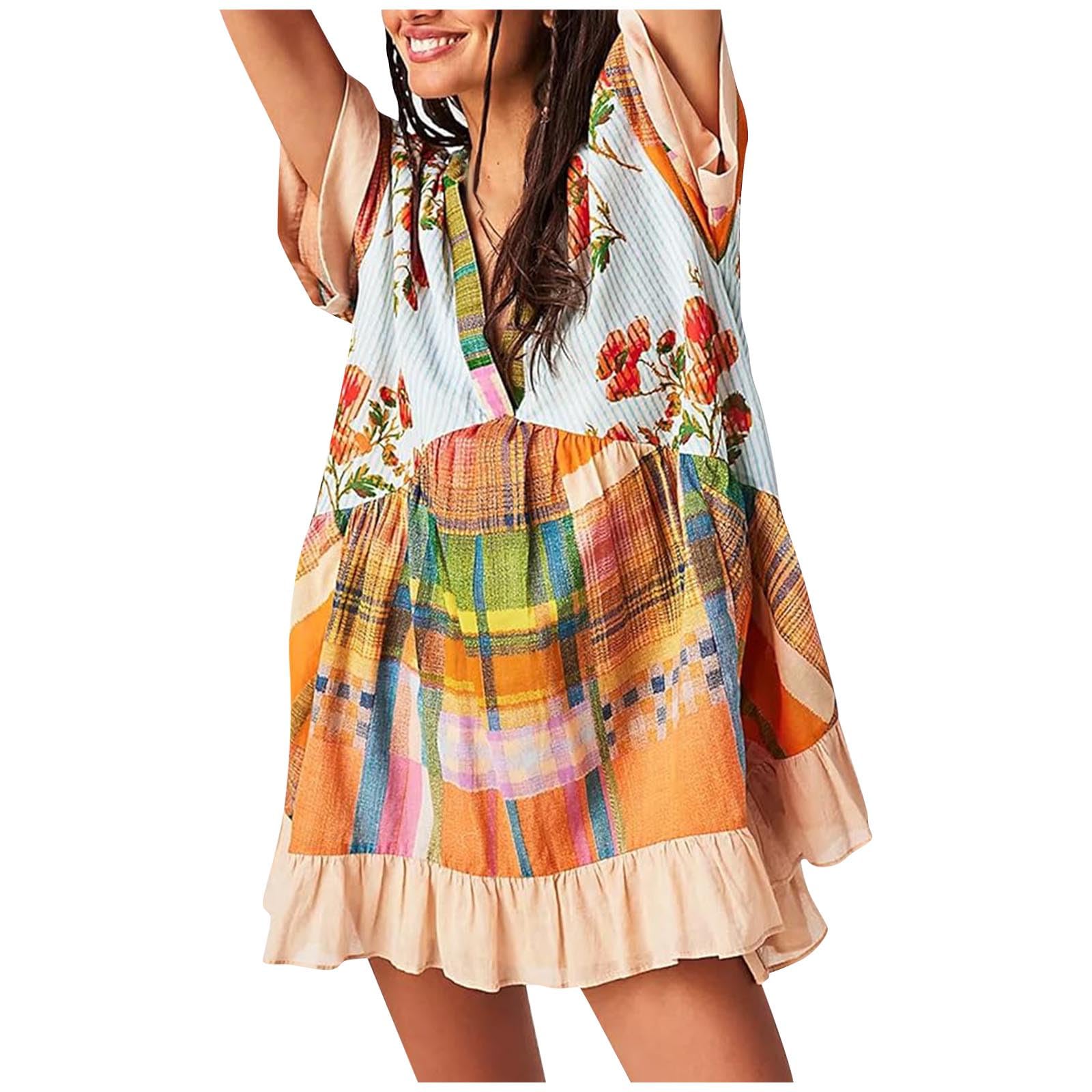 **2024 Summer Boho Floral Sundress for Women - Sexy V-Neck Casual Babydoll Dress for Beach, Vacation & Date Night**