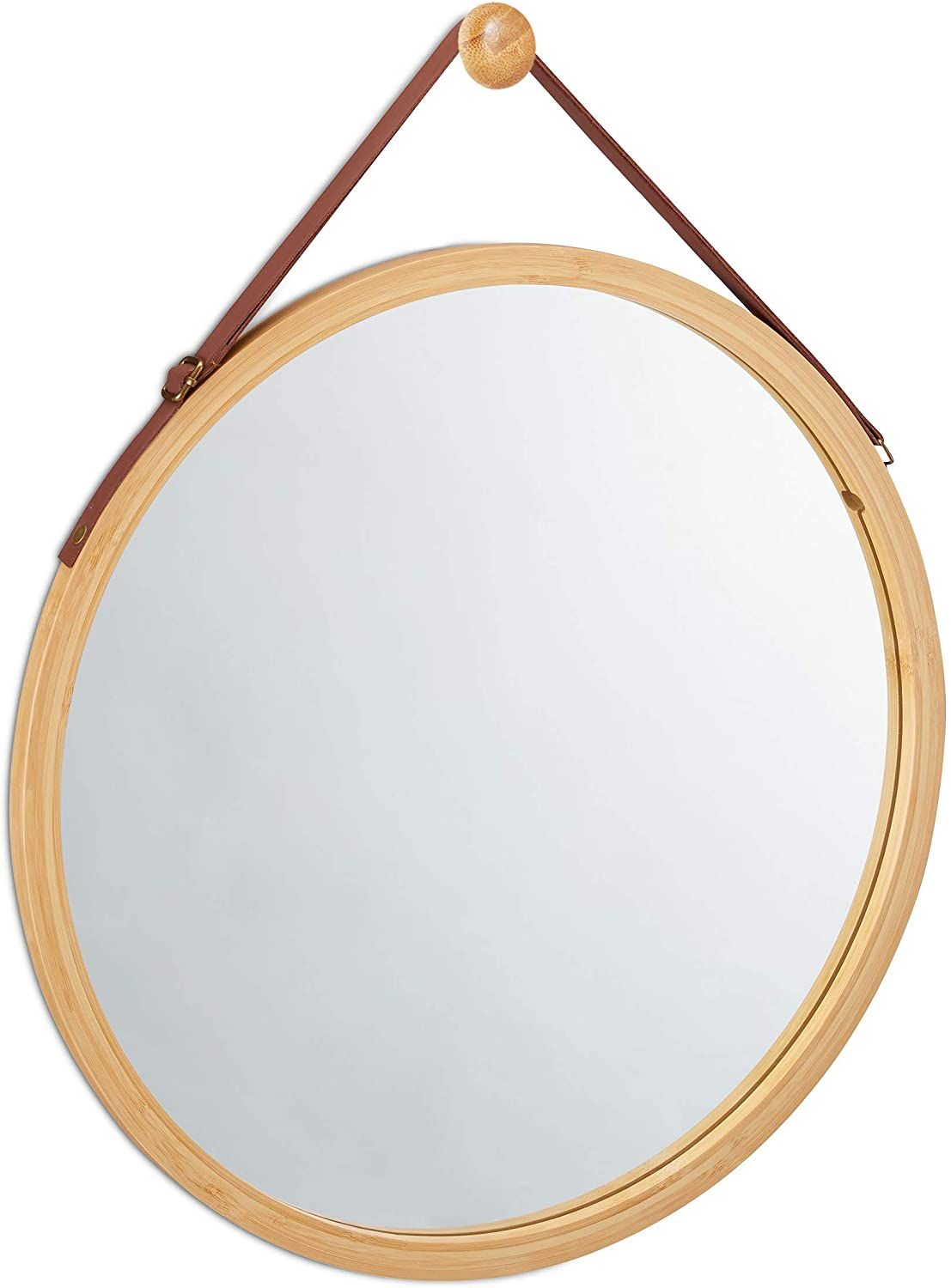 38cm Round Hanging Wall Mirror with Solid Bamboo Frame & Adjustable Leather Strap - Perfect for Bathroom, Bedroom, and Entryway Décor