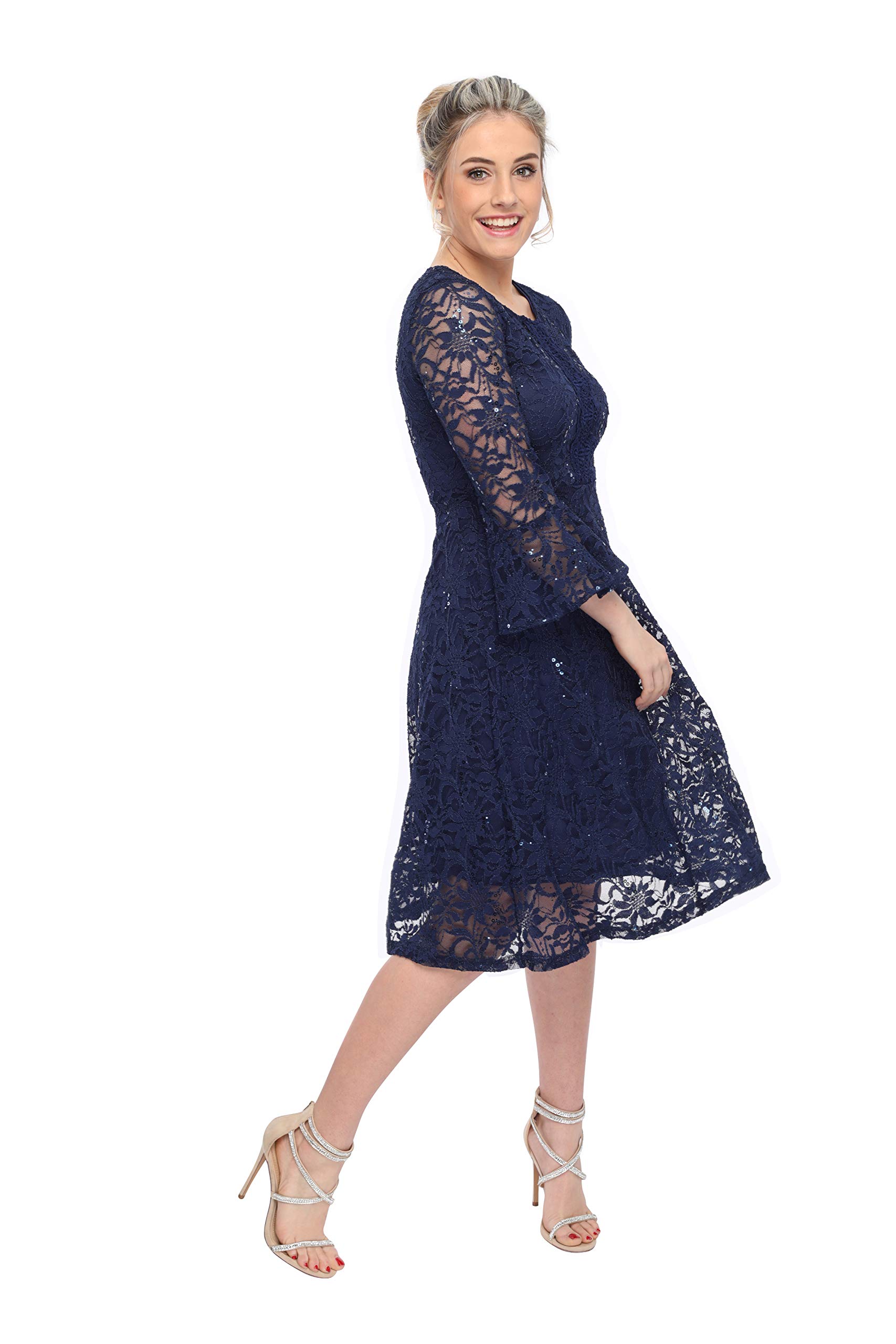 SLEEKTRENDS Women's Elegant Lace Cocktail Dress - Crew Neck Formal Bridesmaid Gown with Sequin Details | Perfect for Weddings, Parties, and Special Occasions
