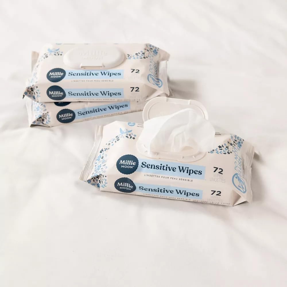 Millie Moon Overnight Diapers Size 4 (58 Count, 2 Pack) with Sensitive Baby Wipes (216 Count) - Ultra Absorbent for Leak Protection, Soft & Hypoallergenic for Sensitive Skin - Perfect for Overnight Use & Long Trips
