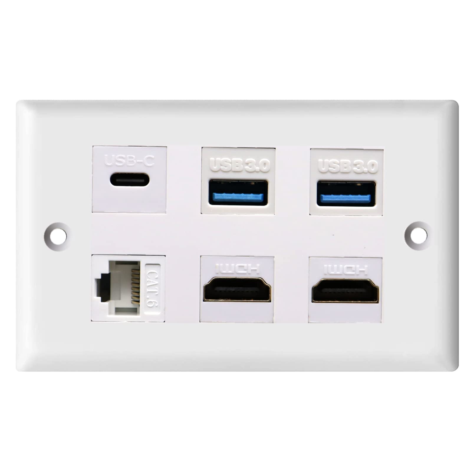 **Disscool USB C Wall Outlet - 2 USB 3.0 Ports, 2 HDMI 2.0, 1 Cat6 Ethernet, 1 USB Type C - White Wall Plate Included - Compatible with iPhone & Samsung - Perfect for Home, Office & Hotel Charging**
